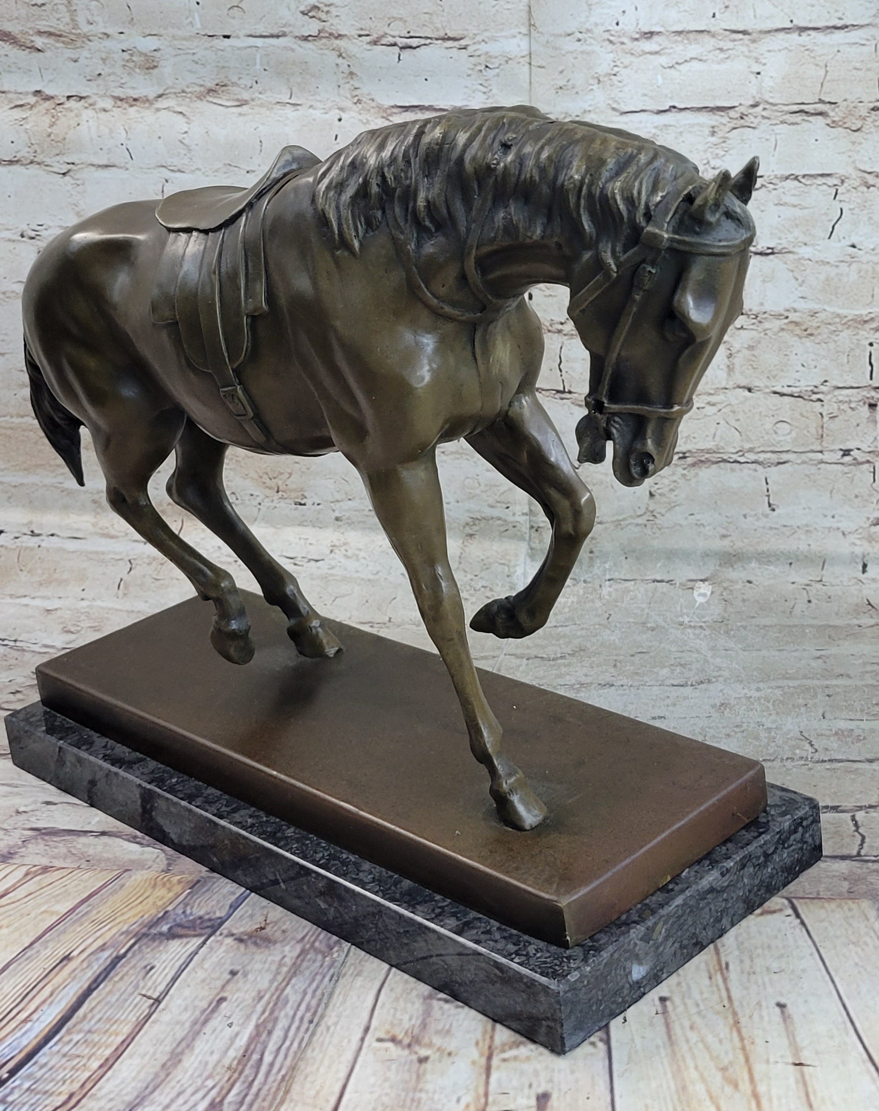 Extra Large Original Bronze Sculpture Horse Trots Stallion Marble Base Figurine