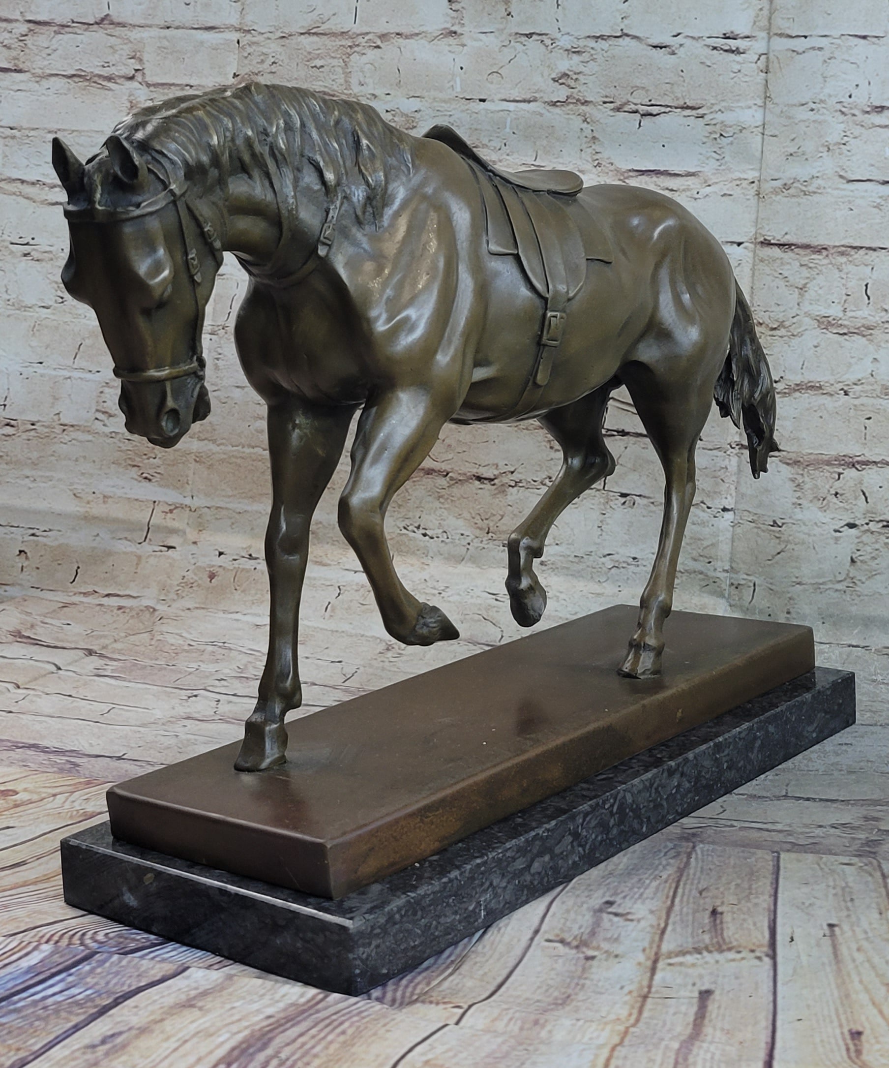 Extra Large Original Bronze Sculpture Horse Trots Stallion Marble Base Figurine