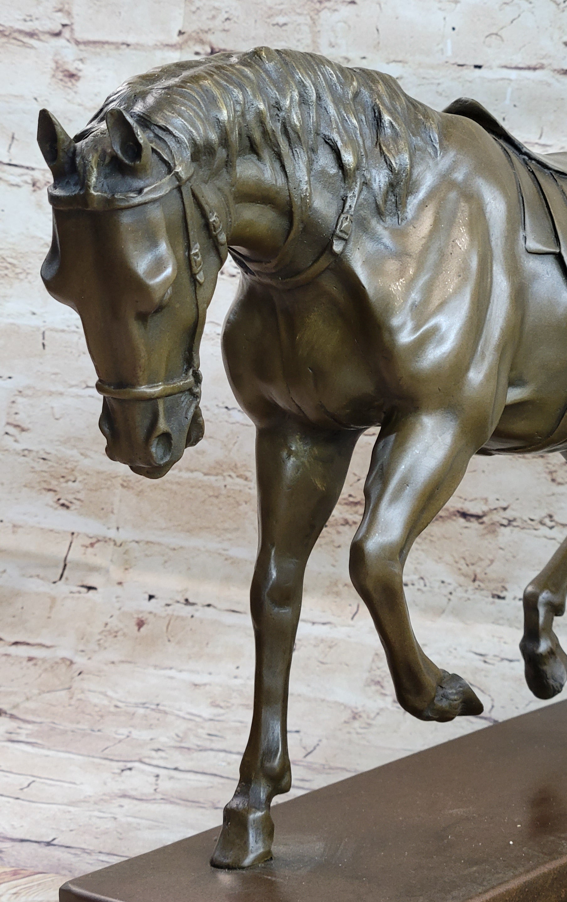 Extra Large Original Bronze Sculpture Horse Trots Stallion Marble Base Figurine