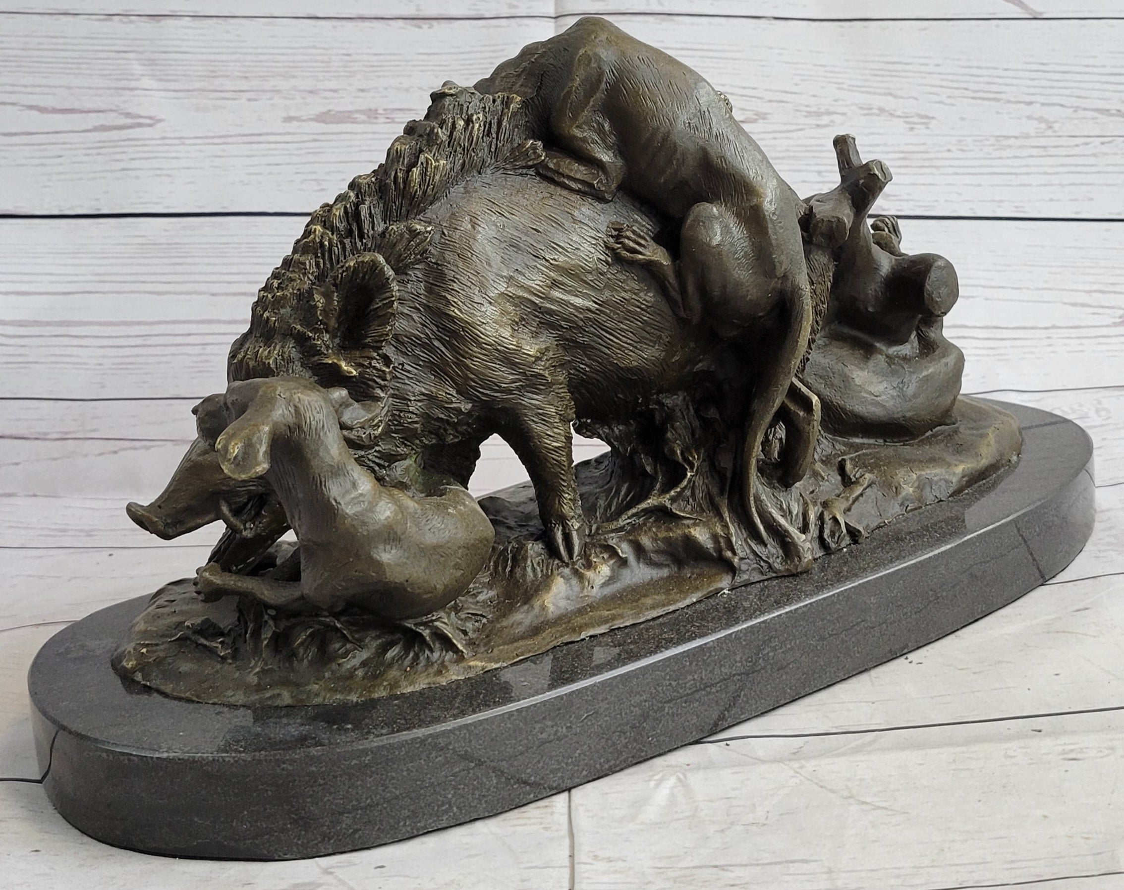 Boar Attacked by Wild Dogs Hot Cast Bronze Sculpture Statue Art by Lecourtier