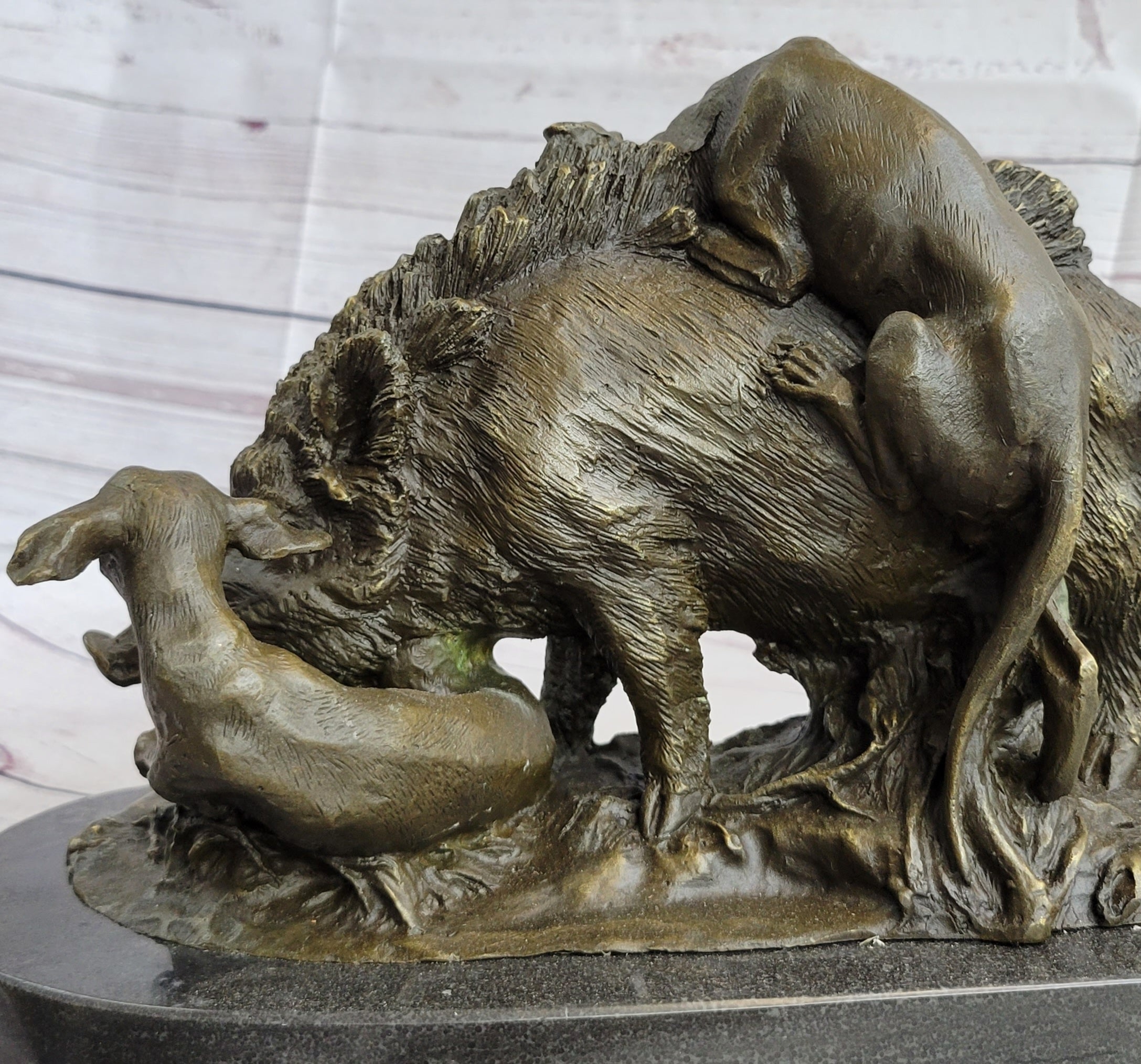 Boar Attacked by Wild Dogs Hot Cast Bronze Sculpture Statue Art by Lecourtier