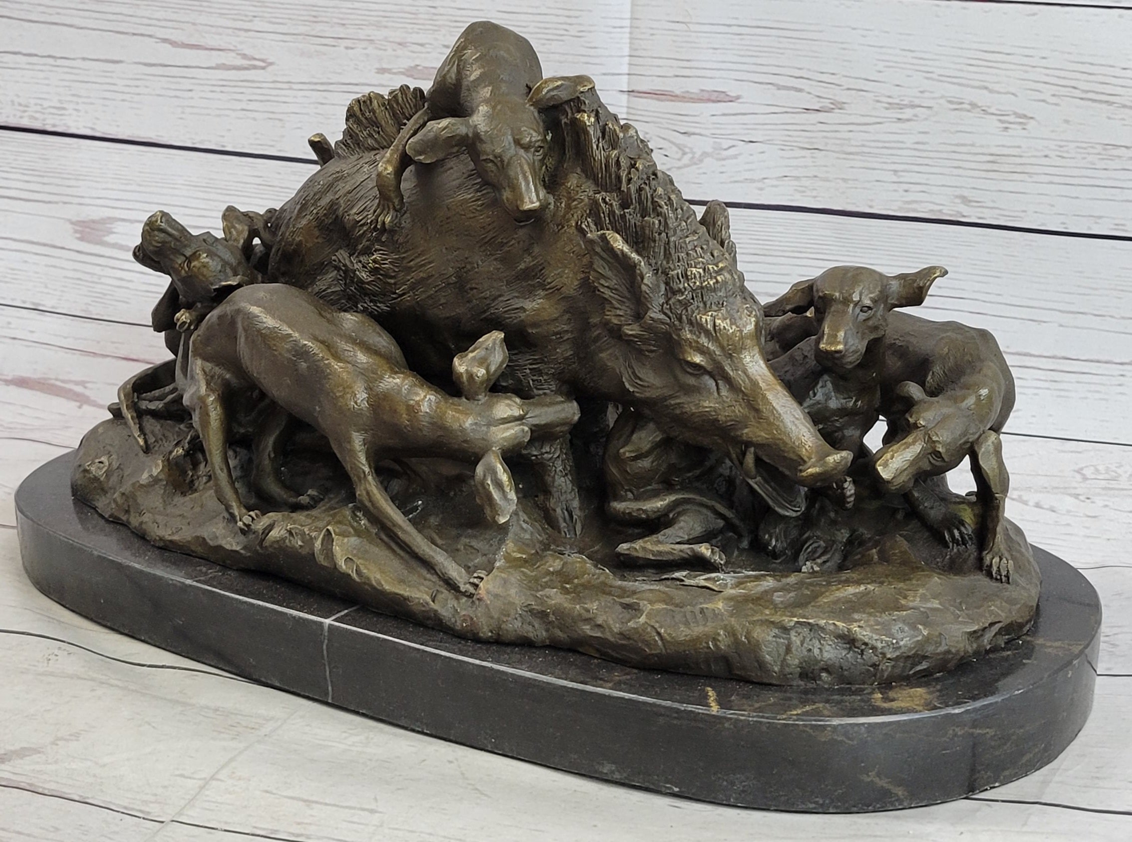 Handmade Vintage Lecourtier Wild Boar & Dogs Bronze Sculpture Figurine Figure