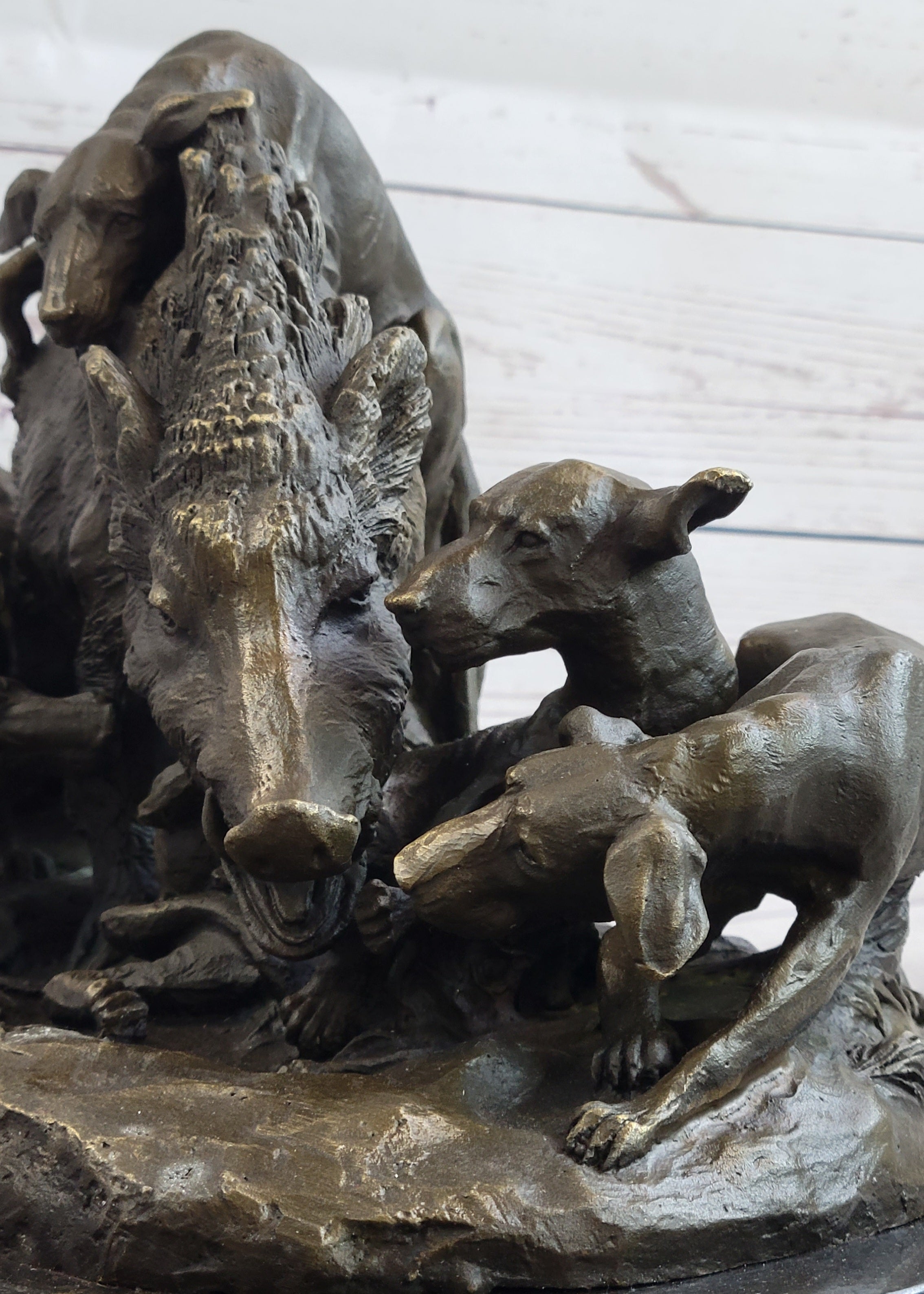 Handmade Vintage Lecourtier Wild Boar & Dogs Bronze Sculpture Figurine Figure