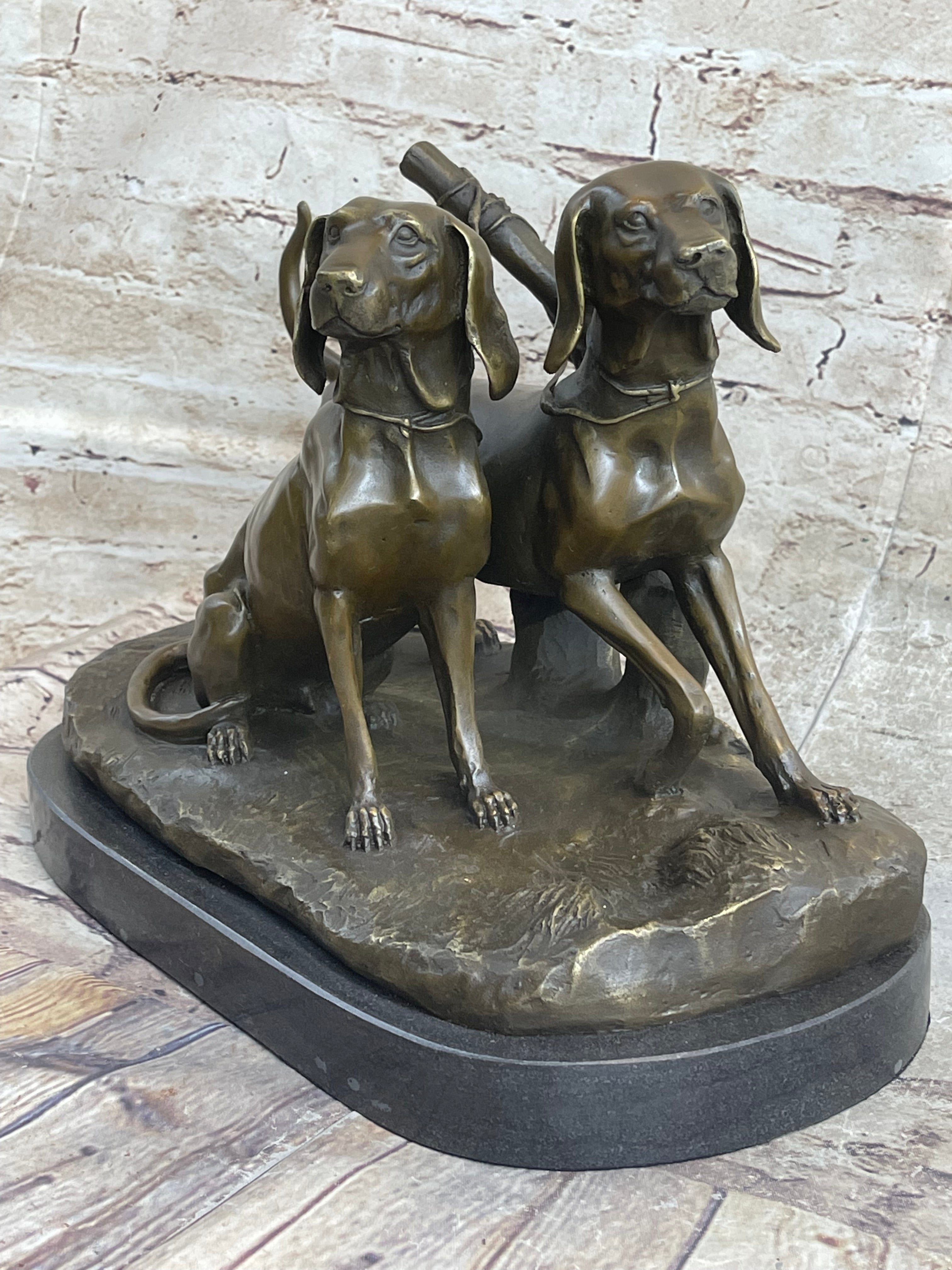 Two Large Vizsla Dog Dogs Animal House Pet by Debut Bronze Marble Sculpture Gift