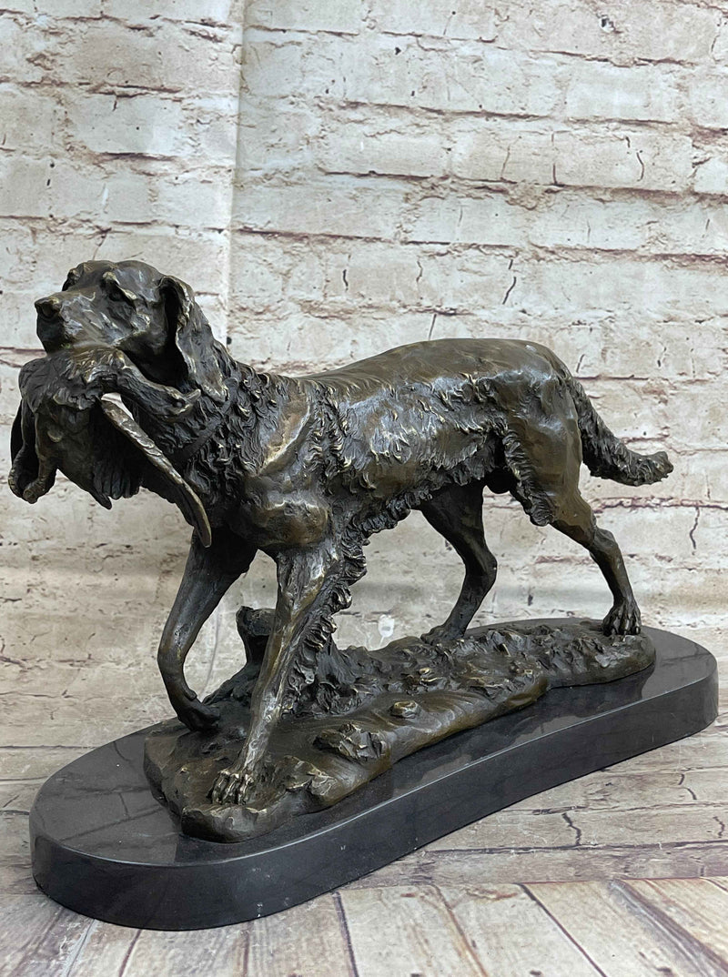 Labrador Retriever with Bird Duck in Mouth Bronze Statue Sculpture Hunting Decor Marble Base