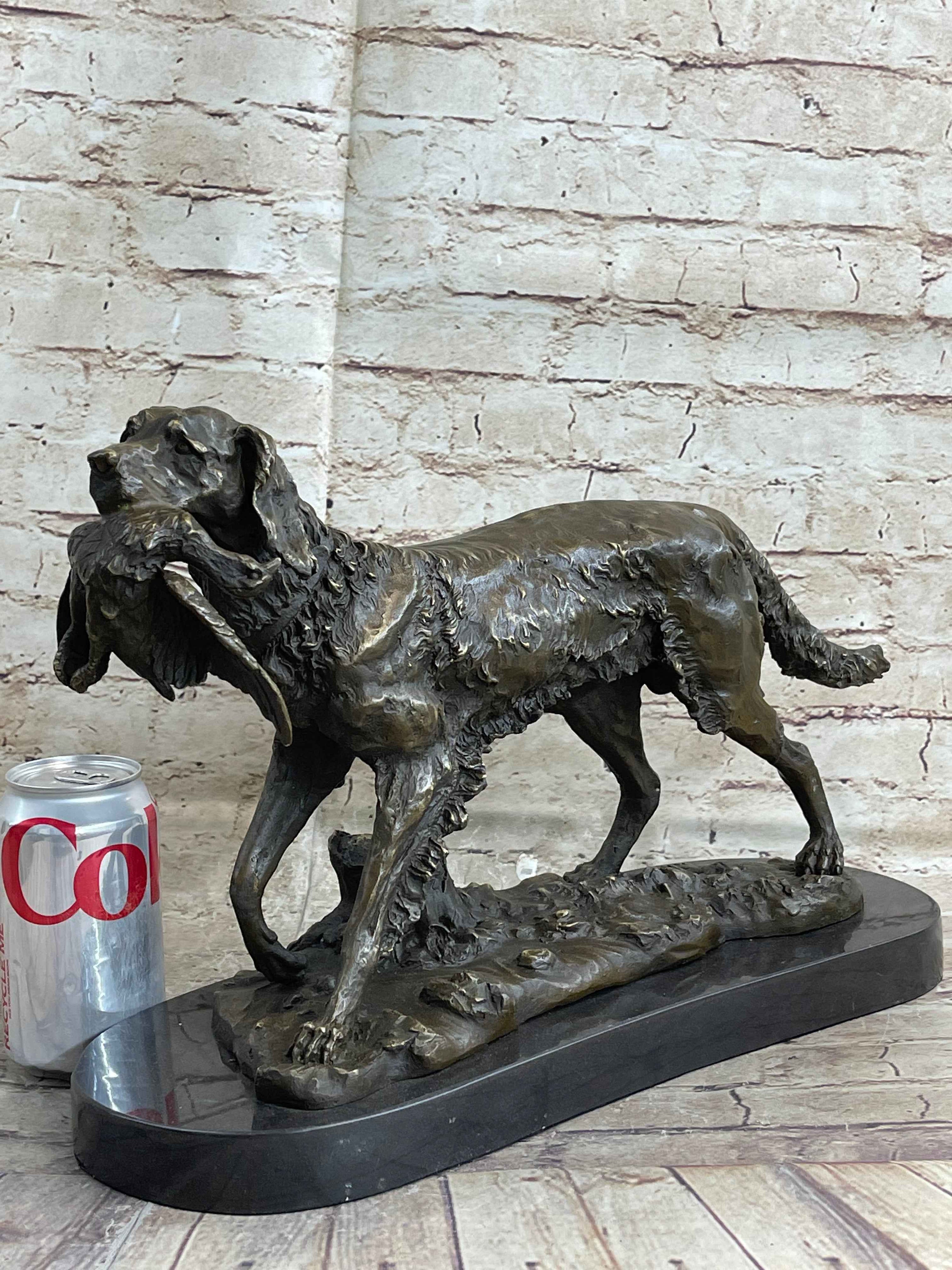 Labrador Retriever with Bird Duck in Mouth Bronze Statue Sculpture Hunting Decor Marble Base