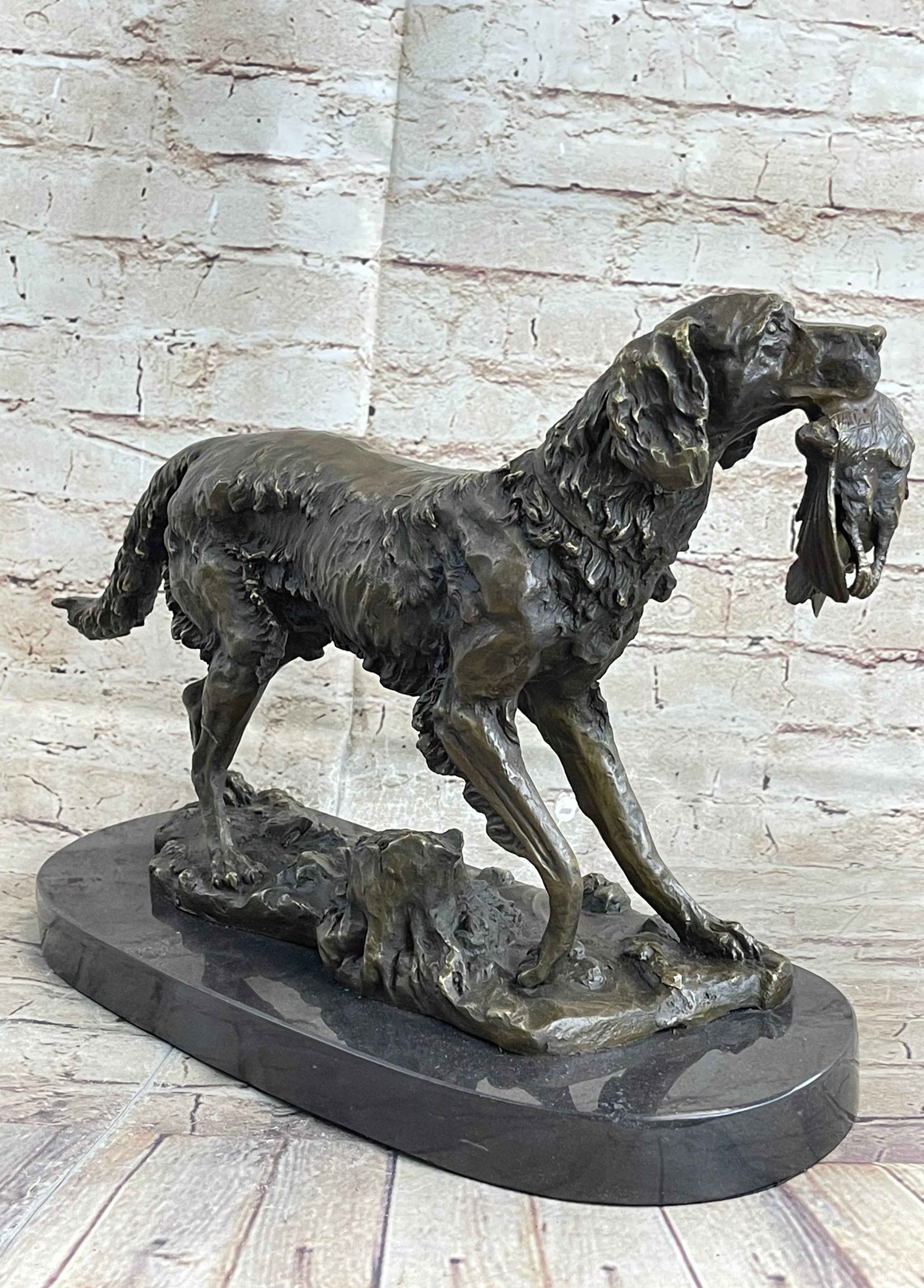 Labrador Retriever with Bird Duck in Mouth Bronze Statue Sculpture Hunting Decor Marble Base