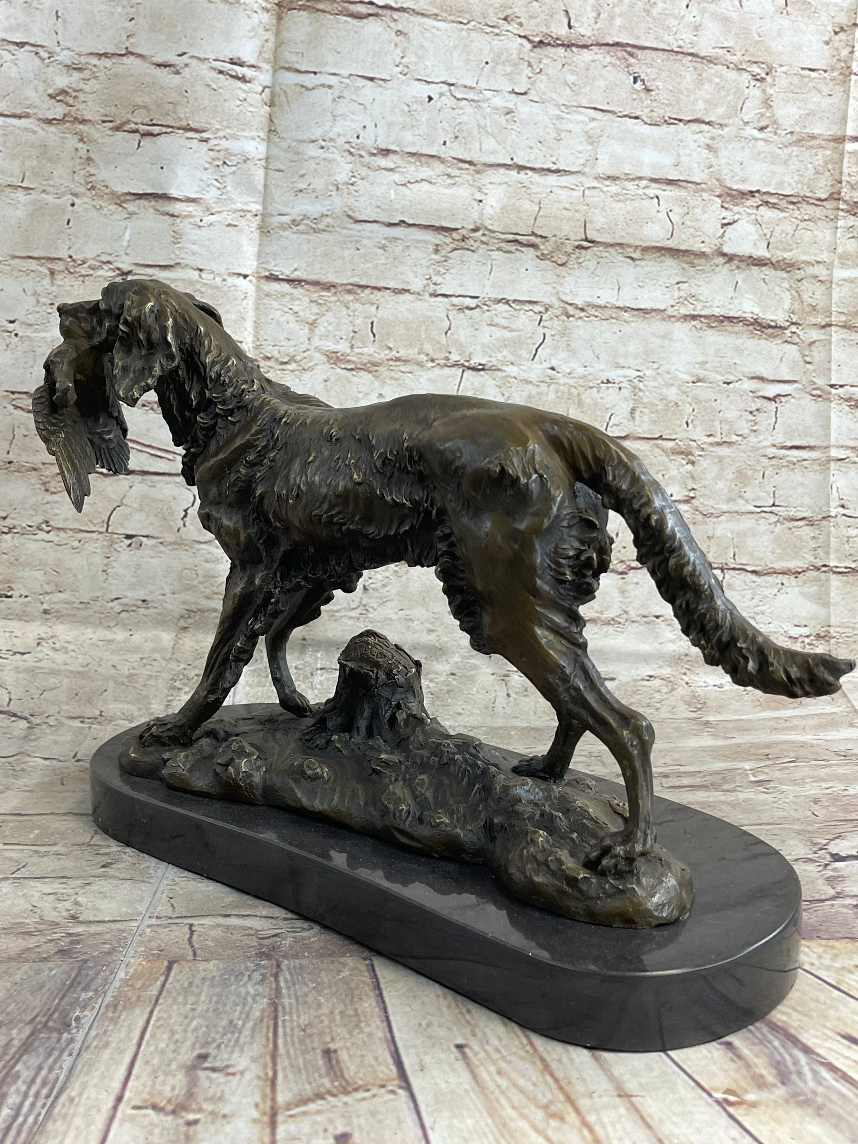 Labrador Retriever with Bird Duck in Mouth Bronze Statue Sculpture Hunting Decor Marble Base