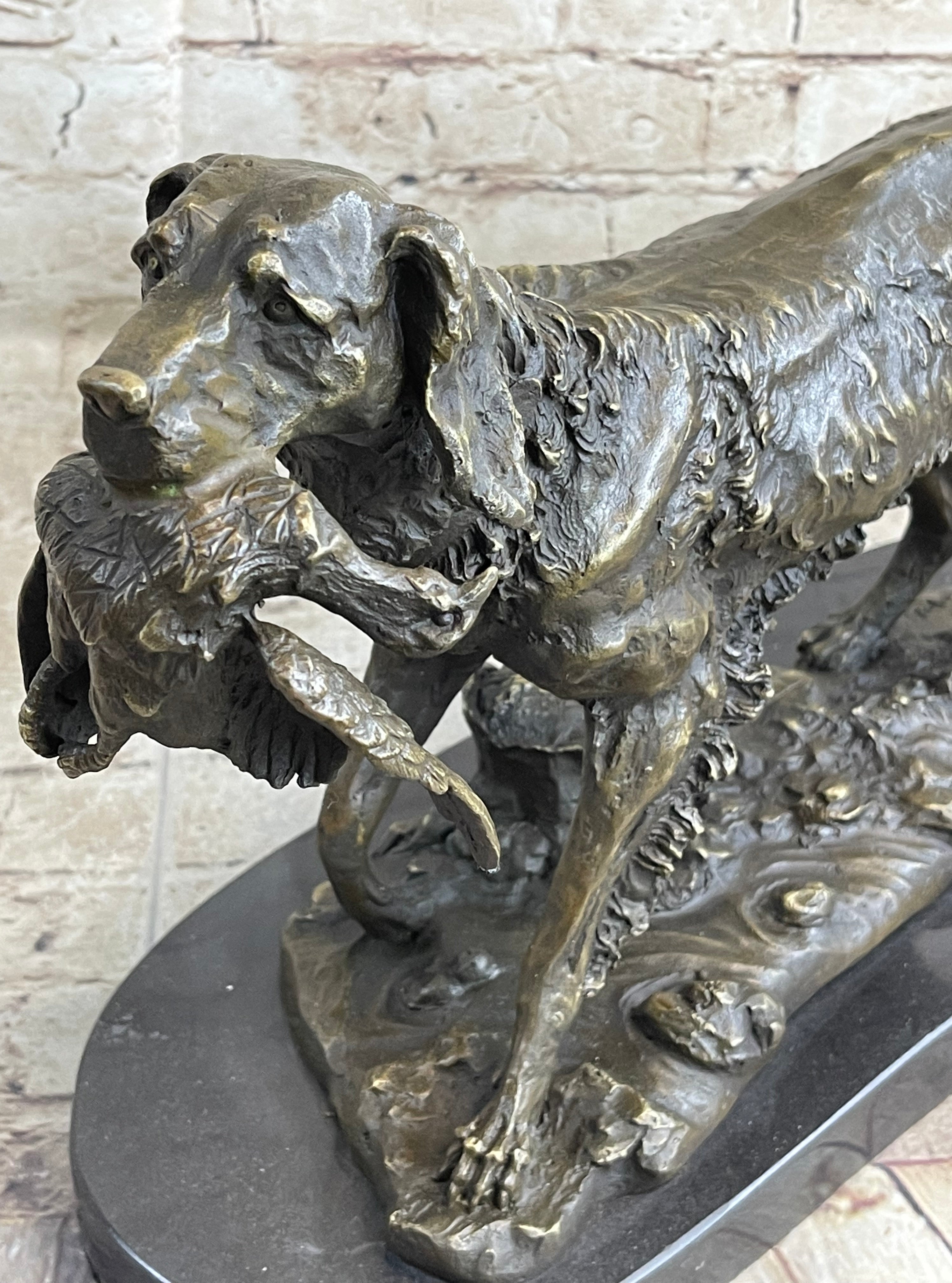 Labrador Retriever with Bird Duck in Mouth Bronze Statue Sculpture Hunting Decor Marble Base