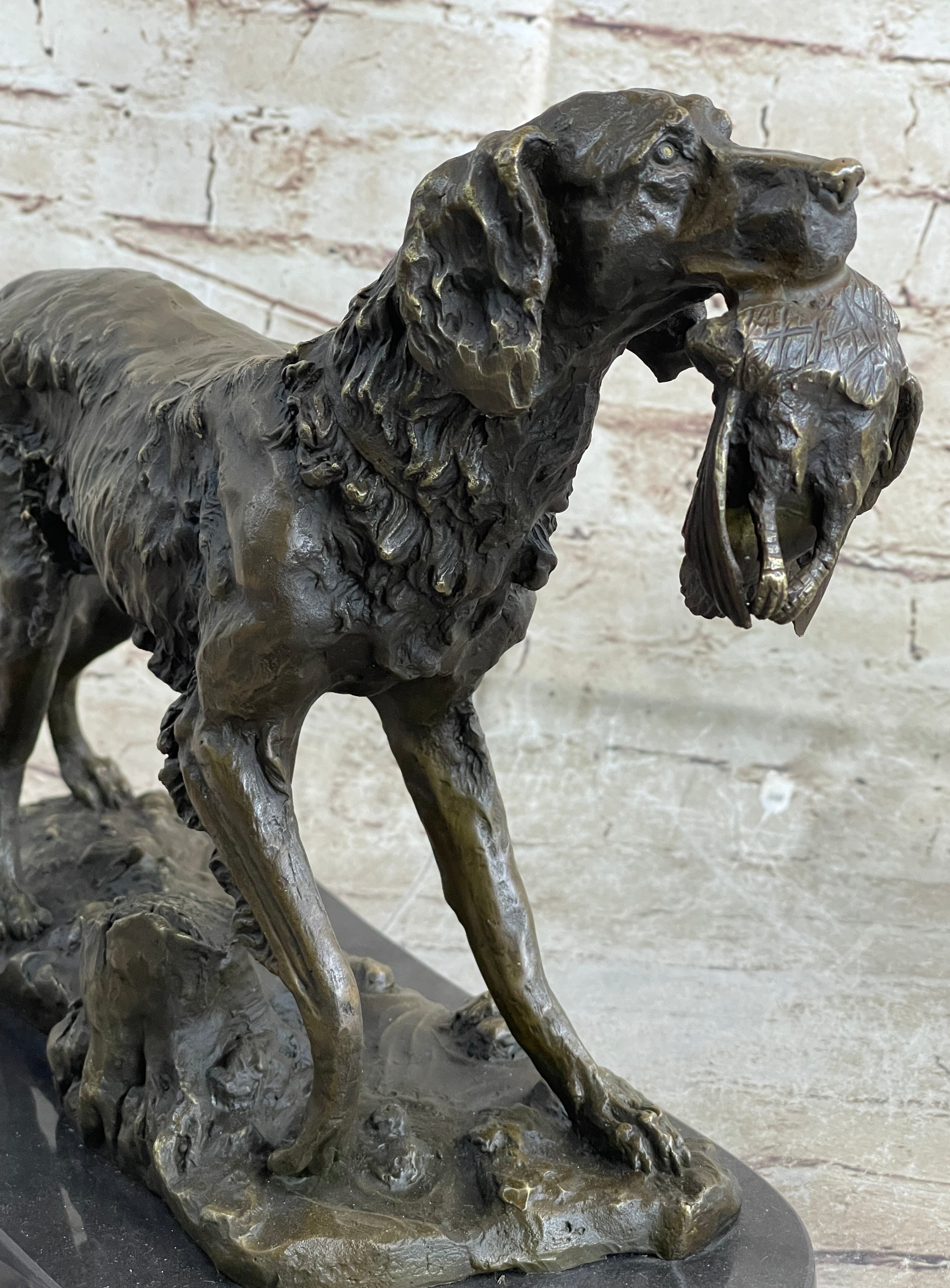 Labrador Retriever with Bird Duck in Mouth Bronze Statue Sculpture Hunting Decor Marble Base