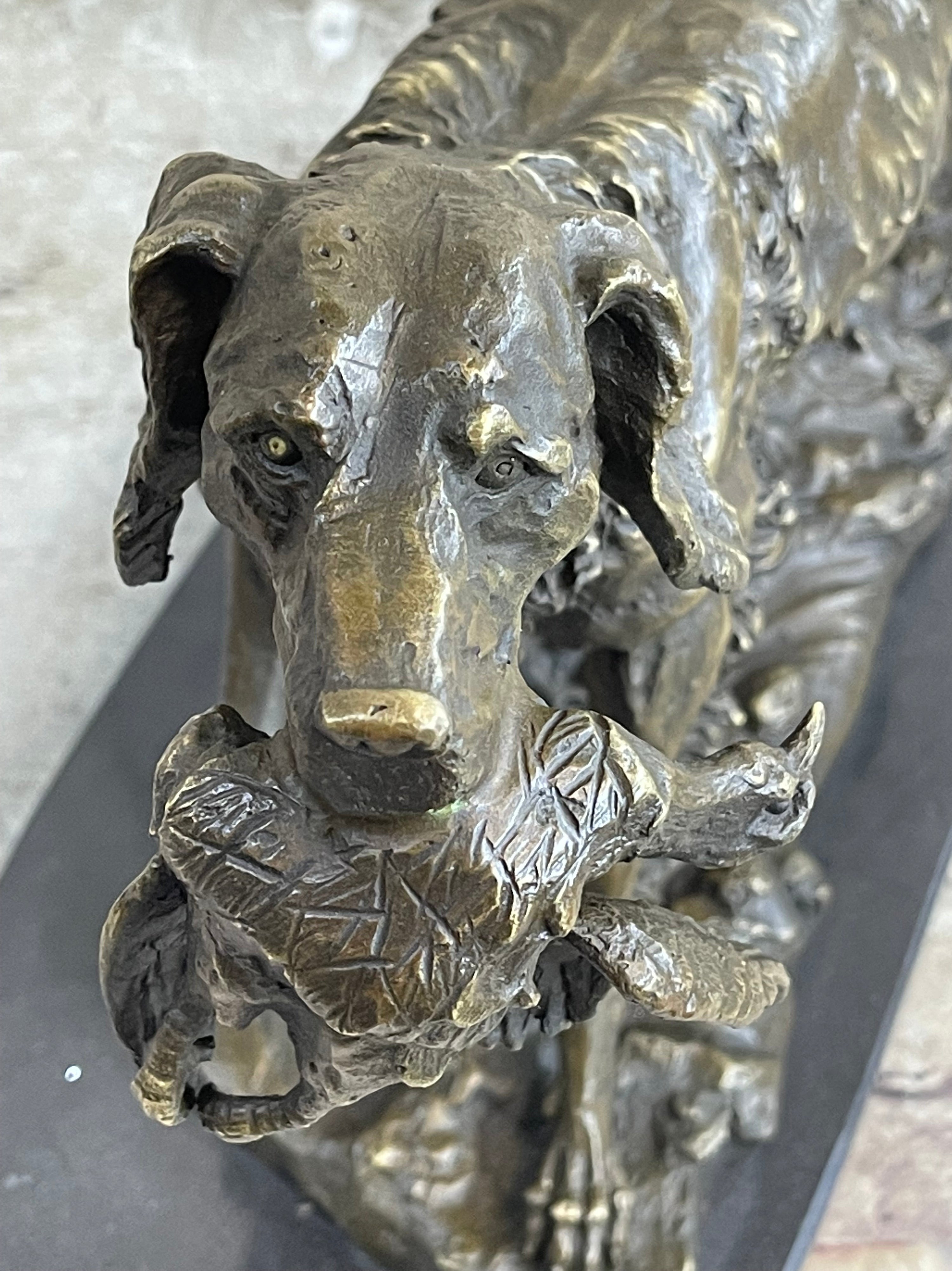 Labrador Retriever with Bird Duck in Mouth Bronze Statue Sculpture Hunting Decor Marble Base