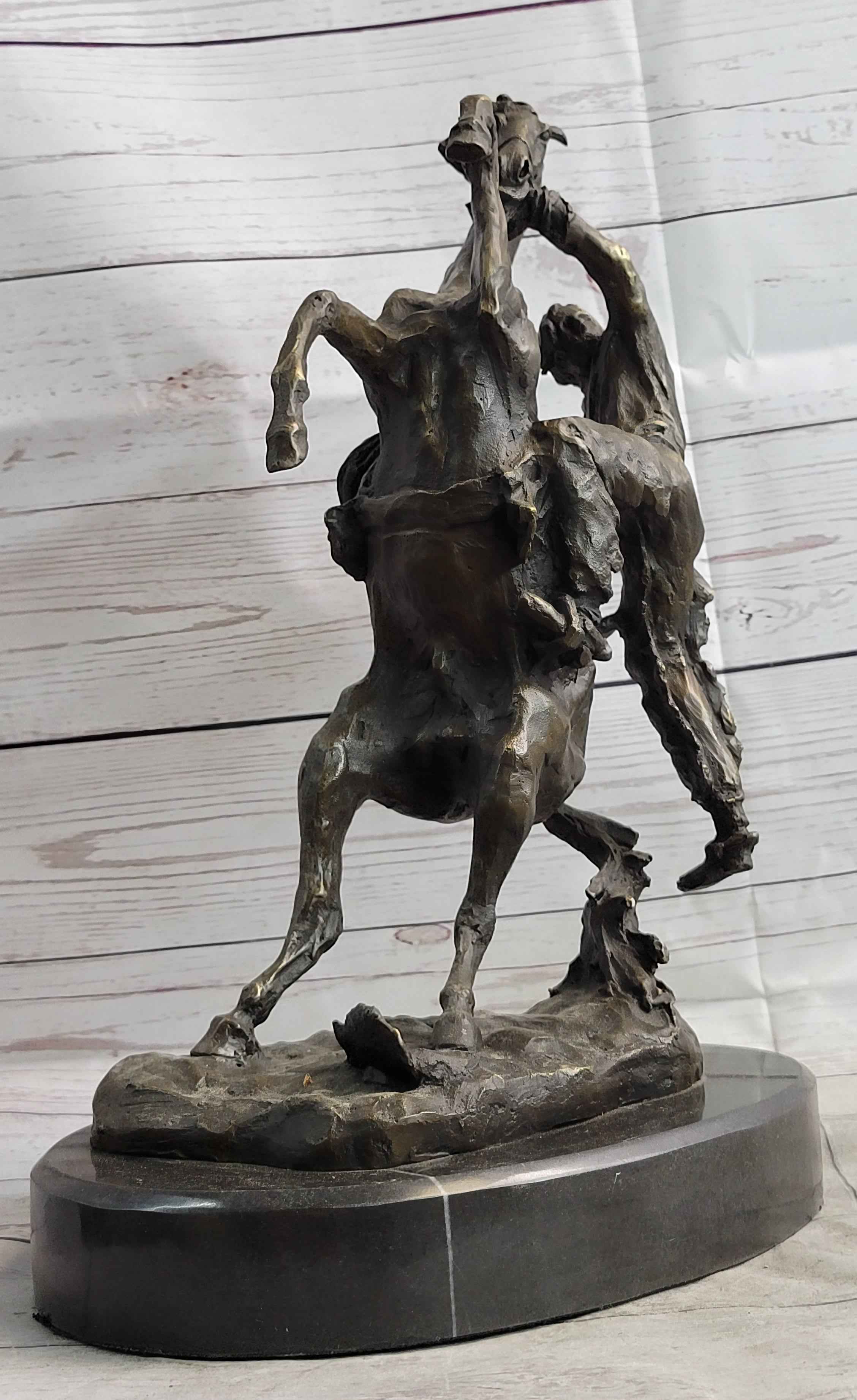 Cowboy Bucked off Rearing Horse Bronze Sculpture Statue Country Western Decor Marble Base