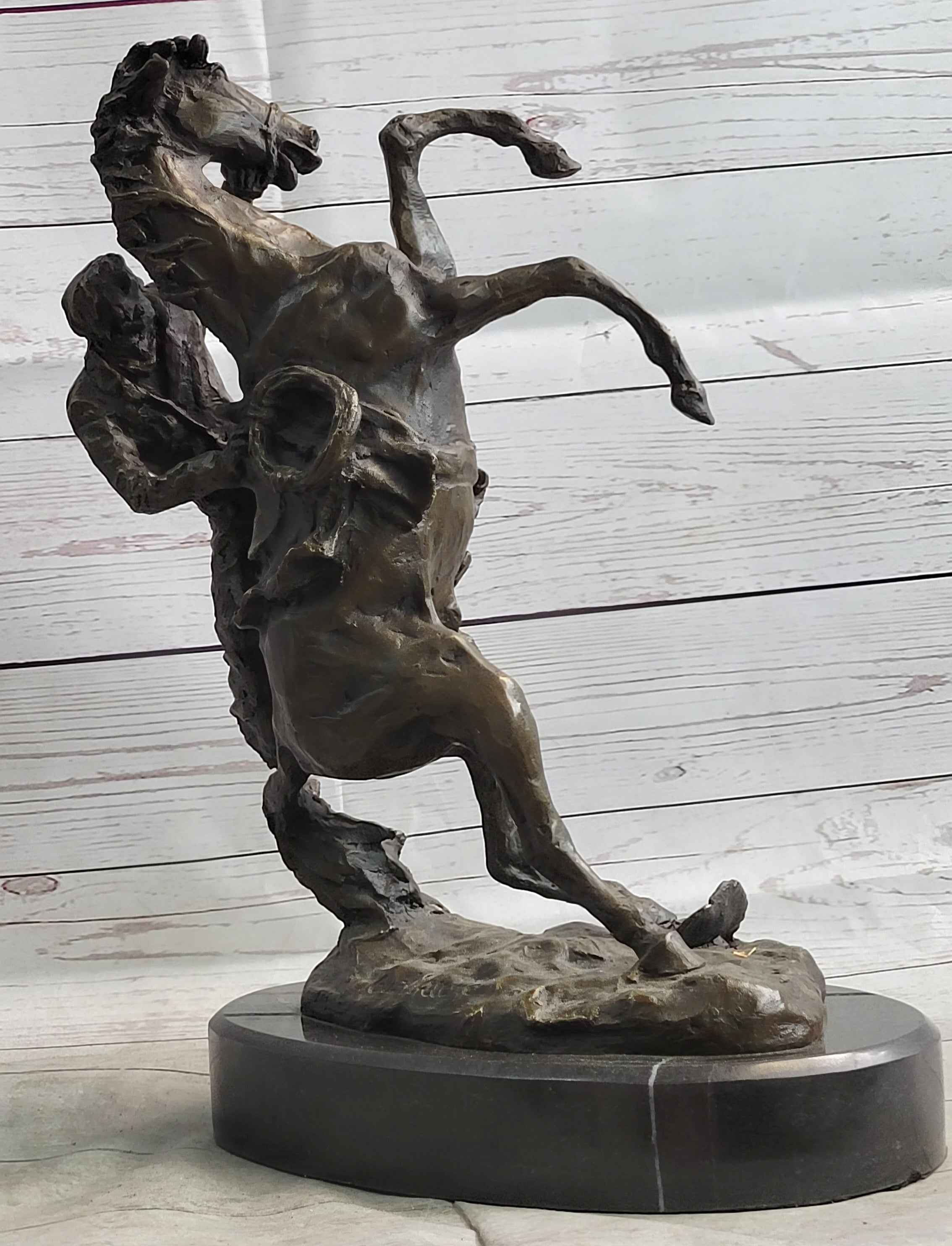 Cowboy Bucked off Rearing Horse Bronze Sculpture Statue Country Western Decor Marble Base