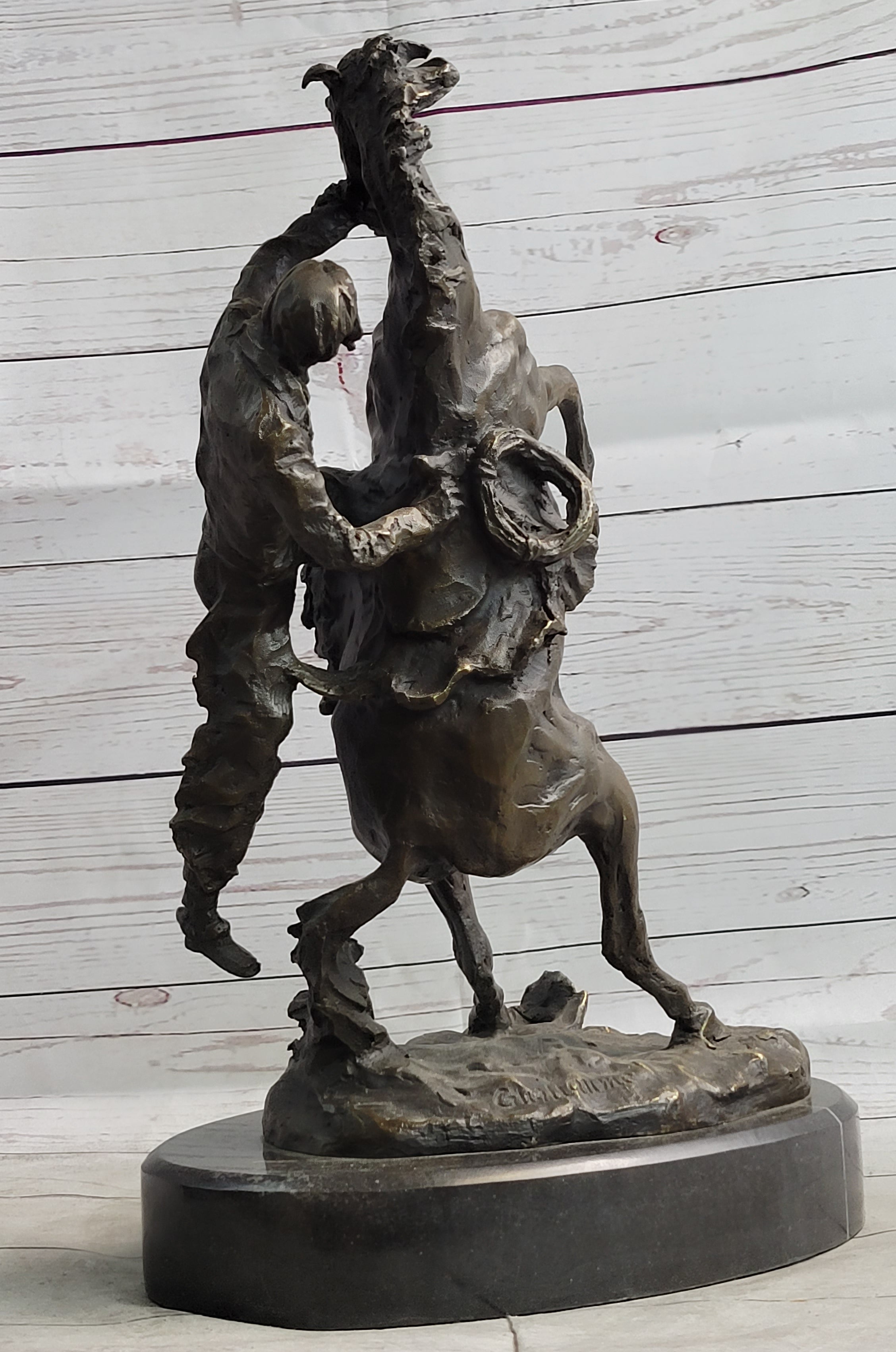 Cowboy Bucked off Rearing Horse Bronze Sculpture Statue Country Western Decor Marble Base