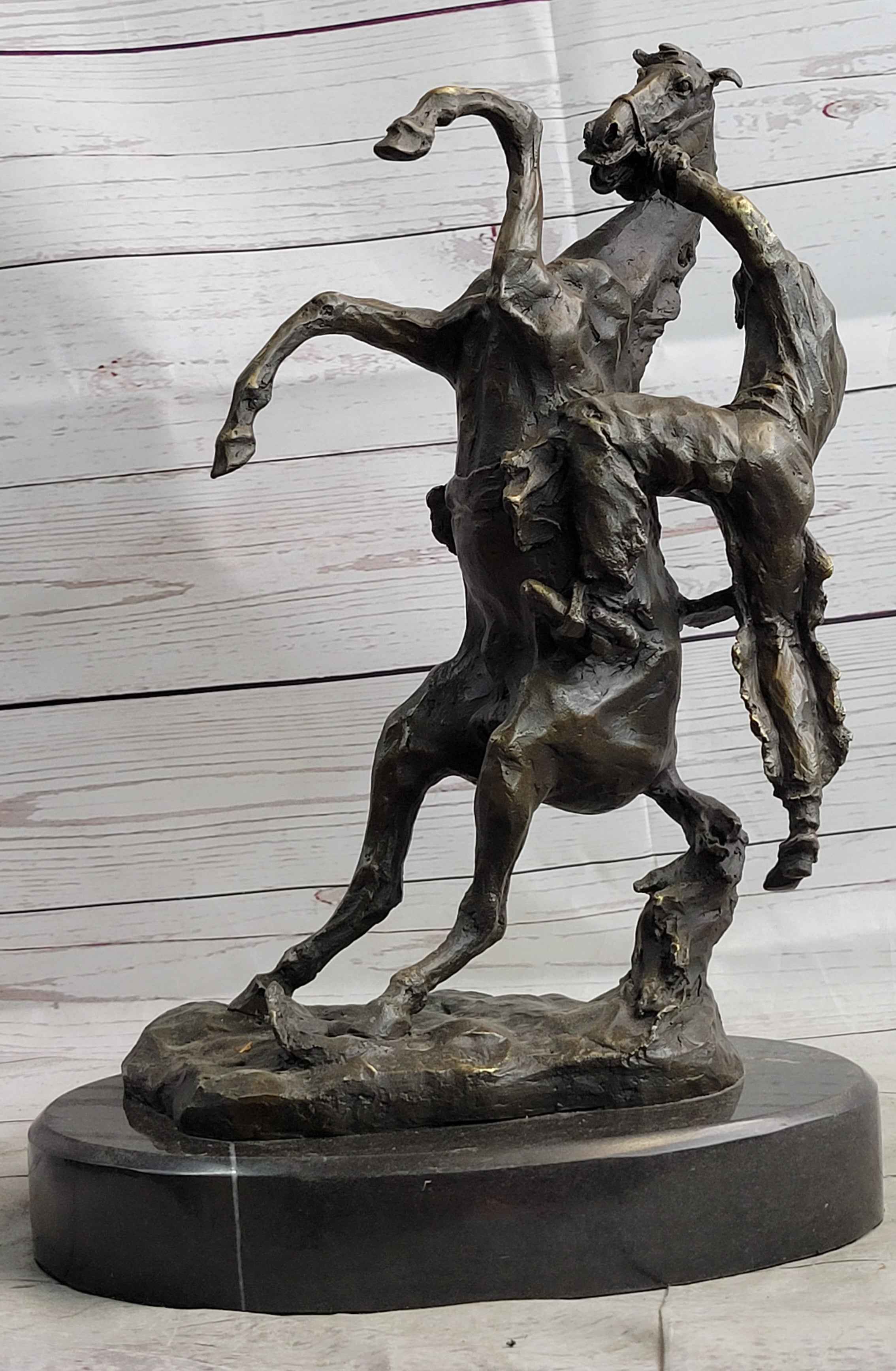 Cowboy Bucked off Rearing Horse Bronze Sculpture Statue Country Western Decor Marble Base
