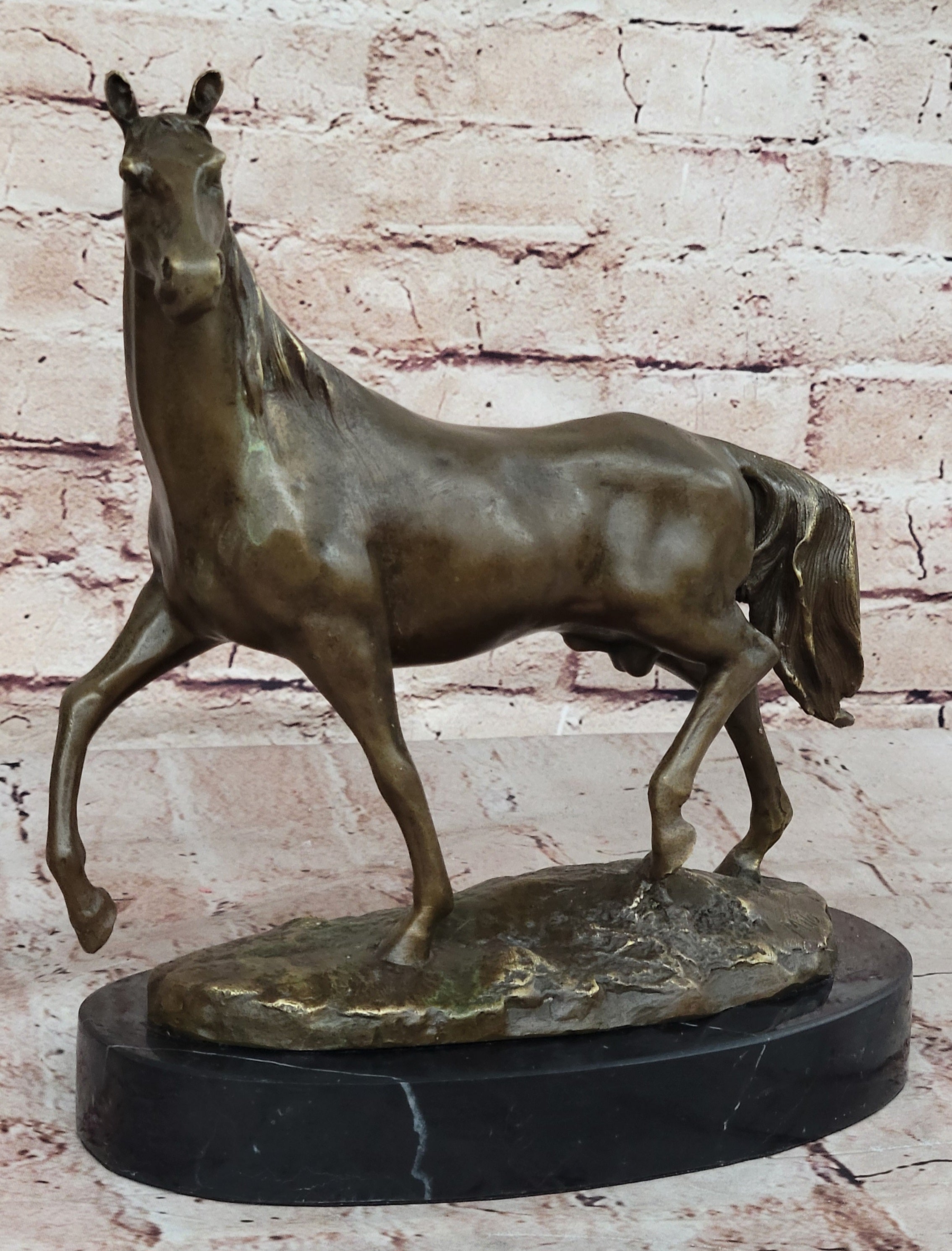 Elegant Bronze Horse Sculpture on Black Marble Base after PJ Mene