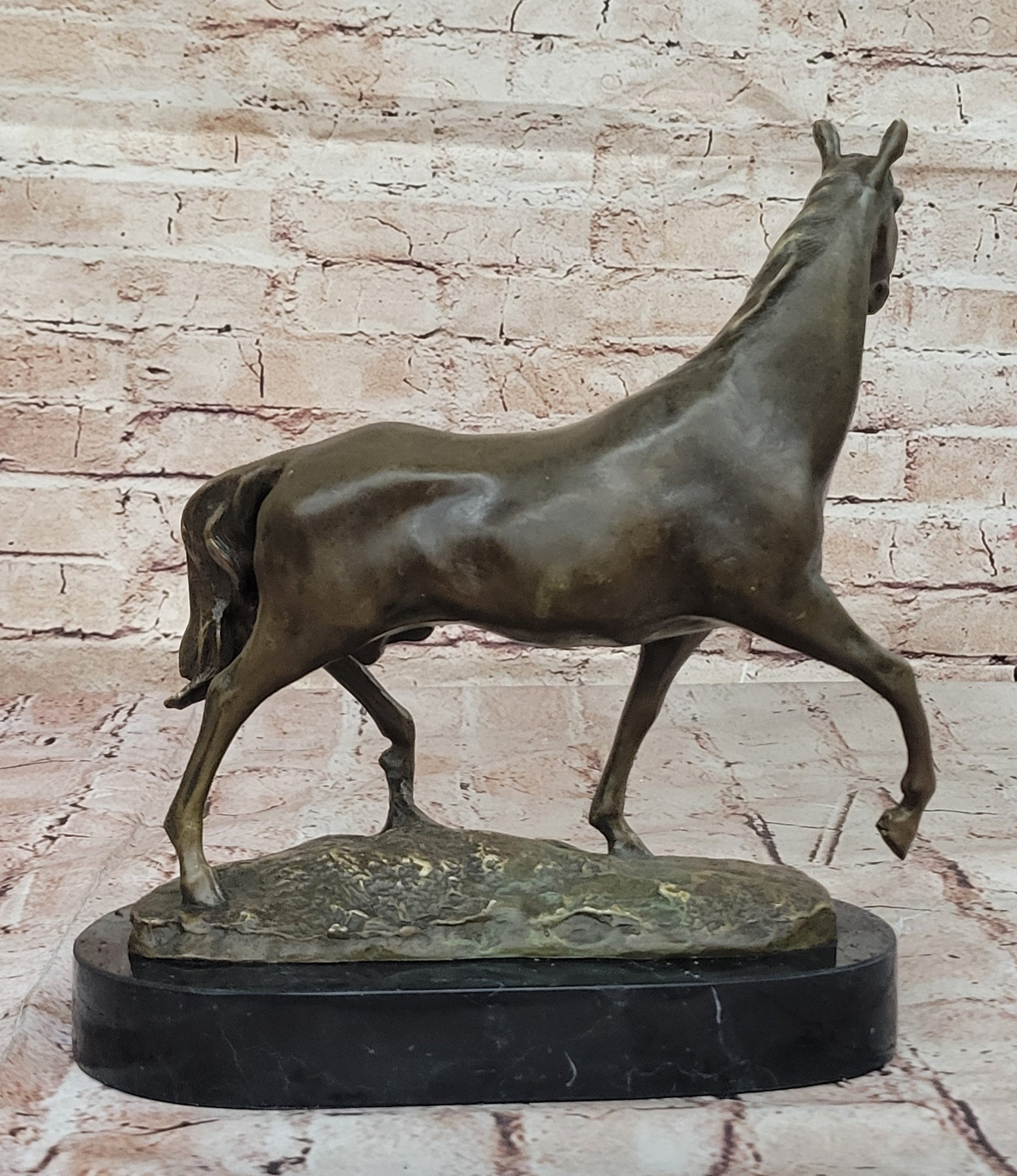 Elegant Bronze Horse Sculpture on Black Marble Base after PJ Mene