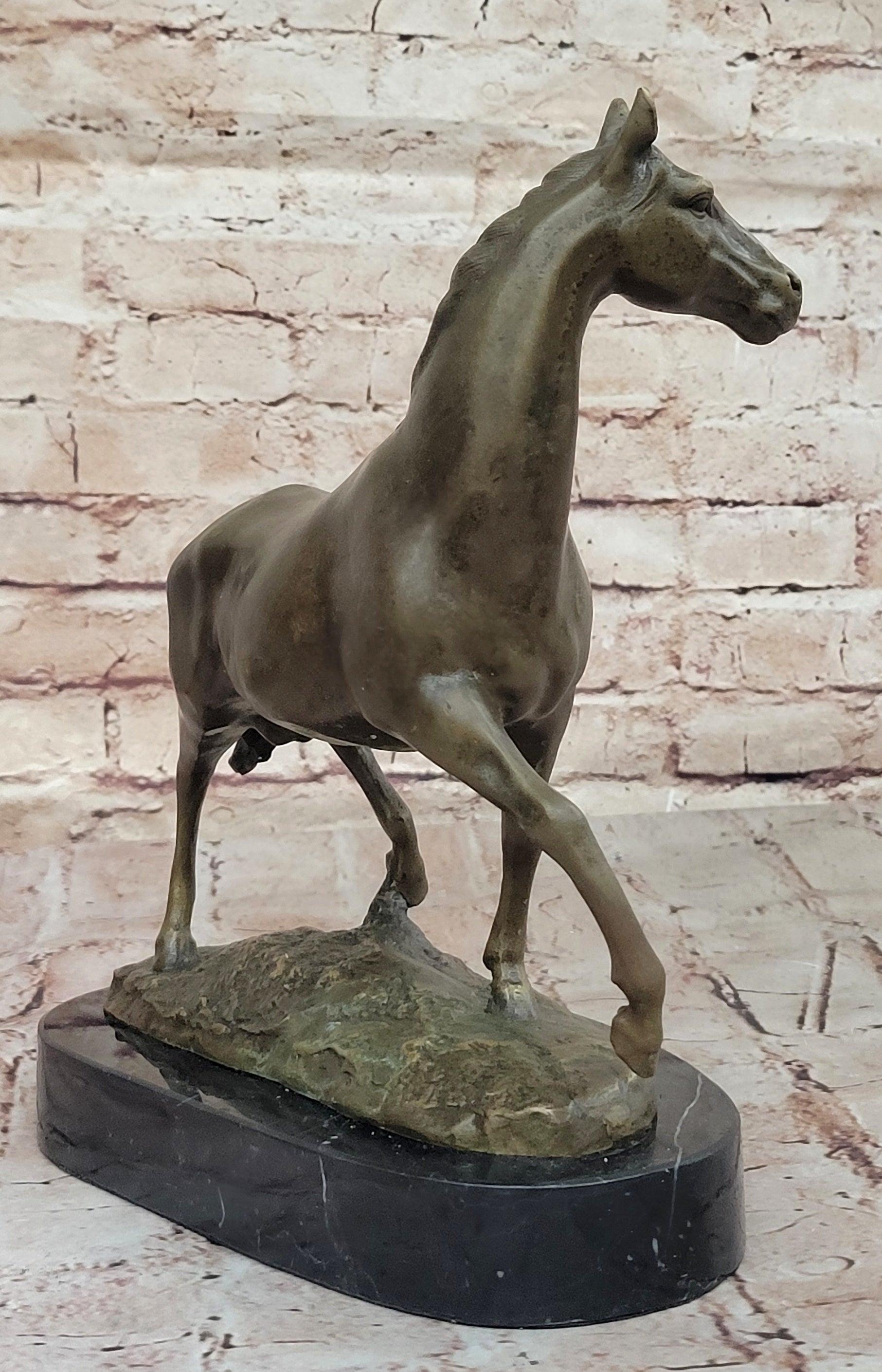 Elegant Bronze Horse Sculpture on Black Marble Base after PJ Mene