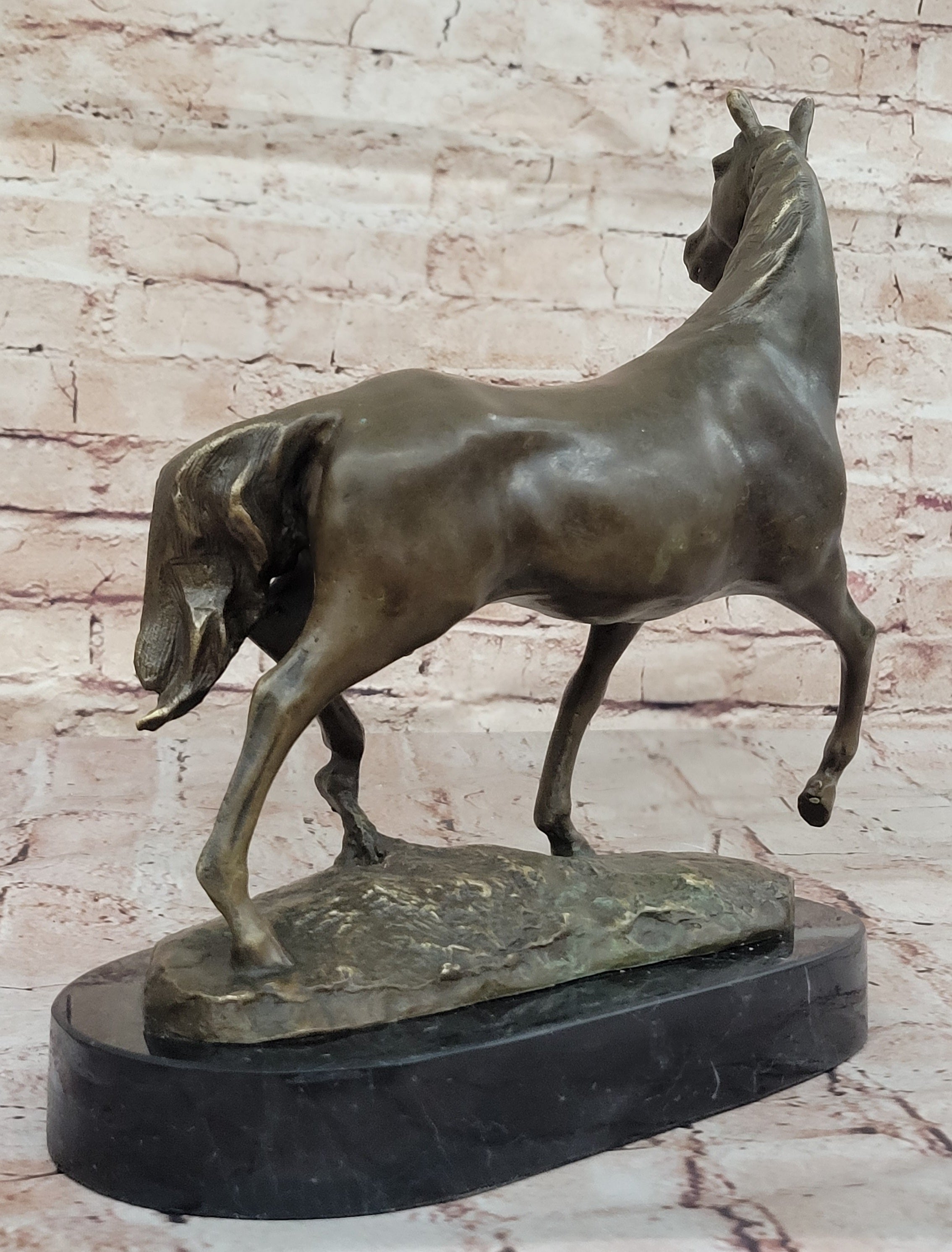 Elegant Bronze Horse Sculpture on Black Marble Base after PJ Mene