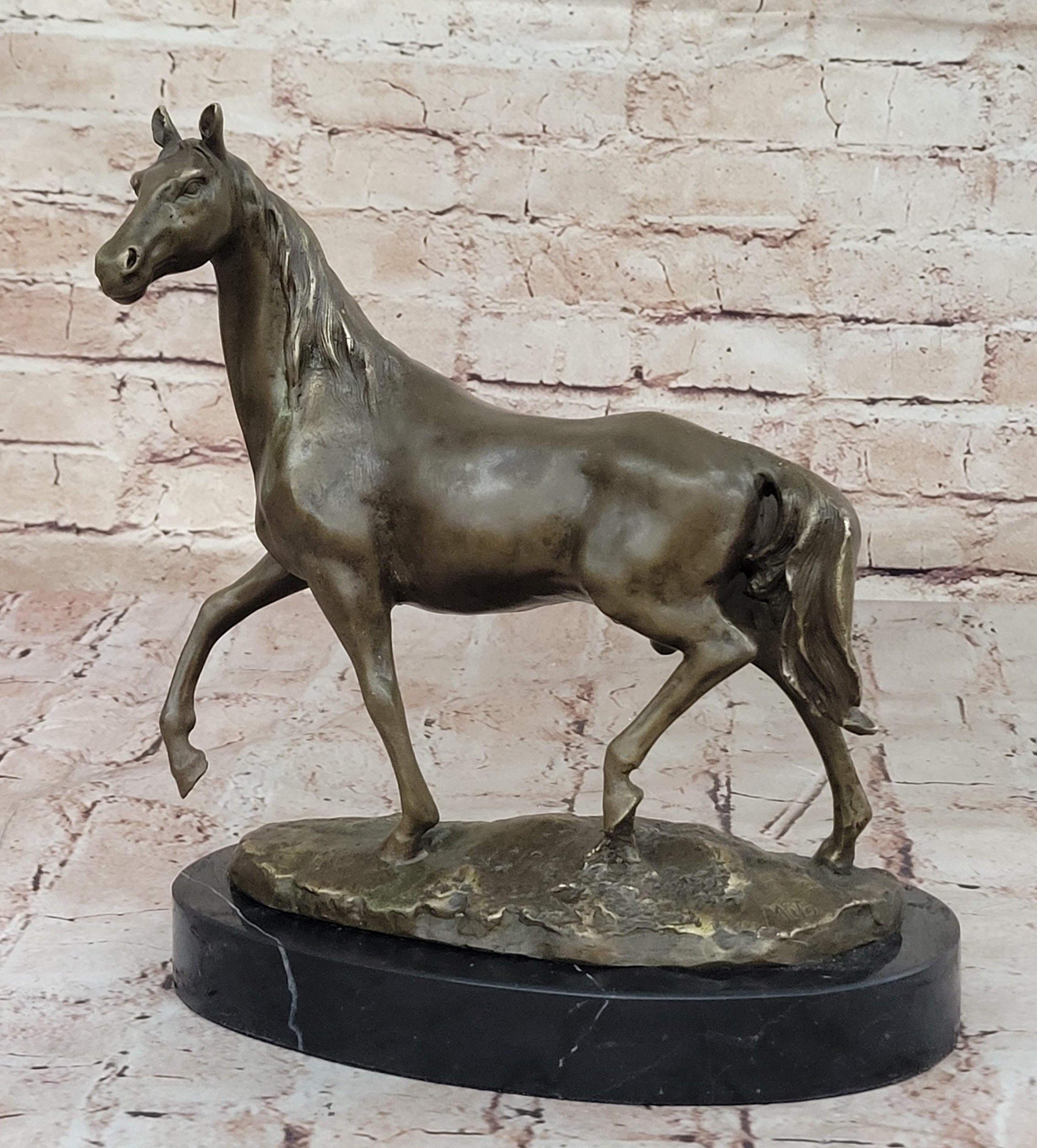 Elegant Bronze Horse Sculpture on Black Marble Base after PJ Mene