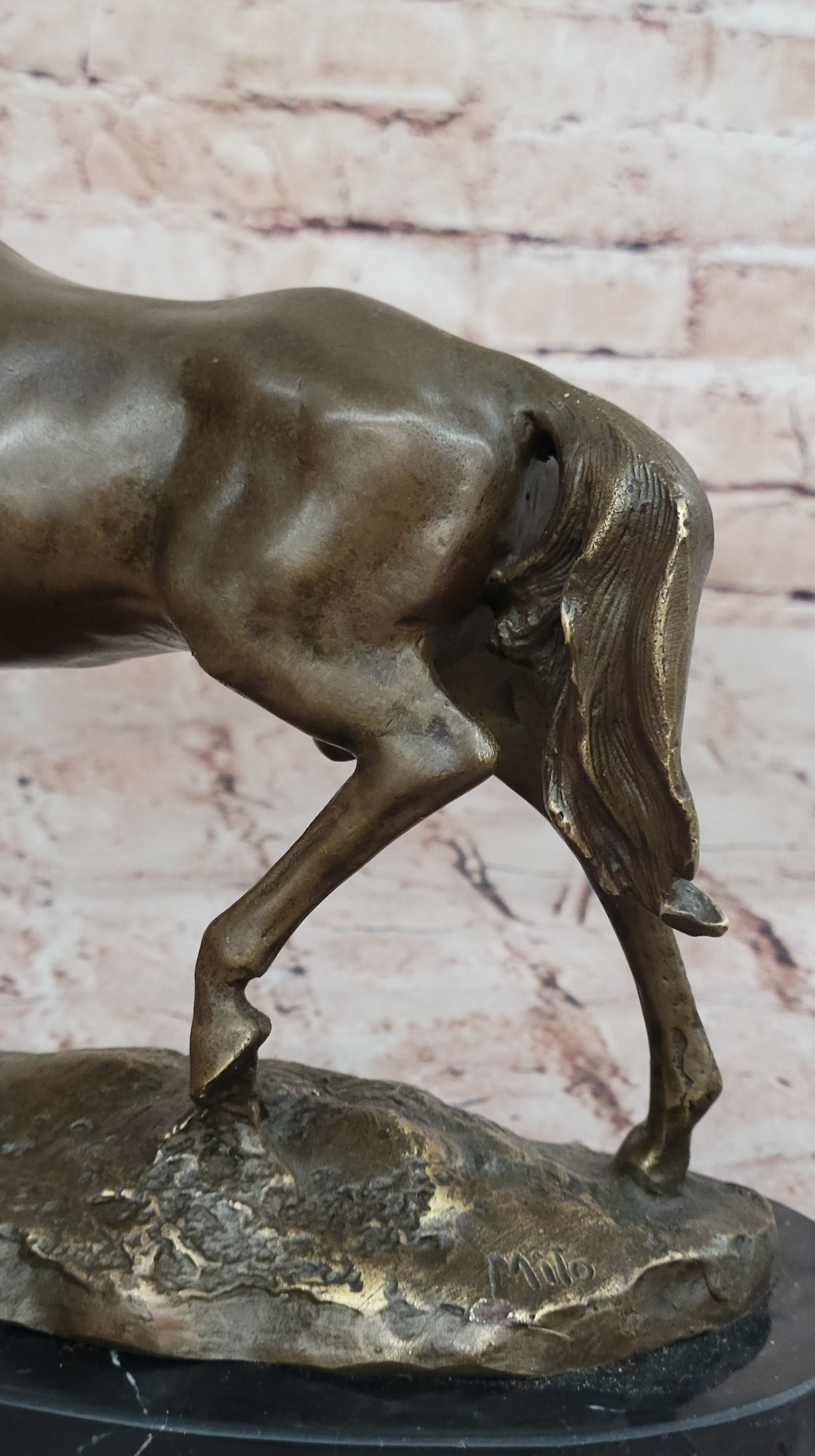 Elegant Bronze Horse Sculpture on Black Marble Base after PJ Mene