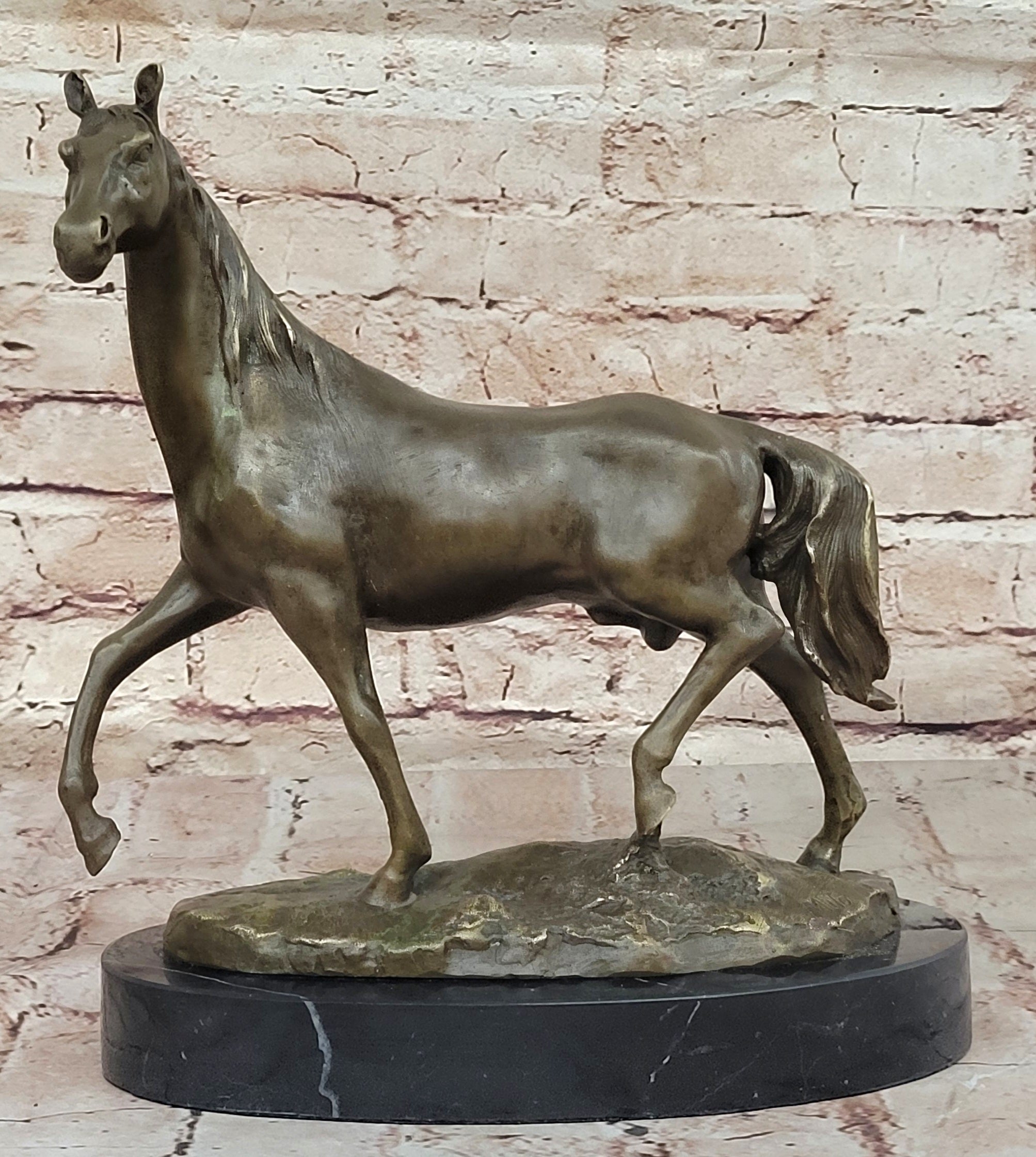 Elegant Bronze Horse Sculpture on Black Marble Base after PJ Mene