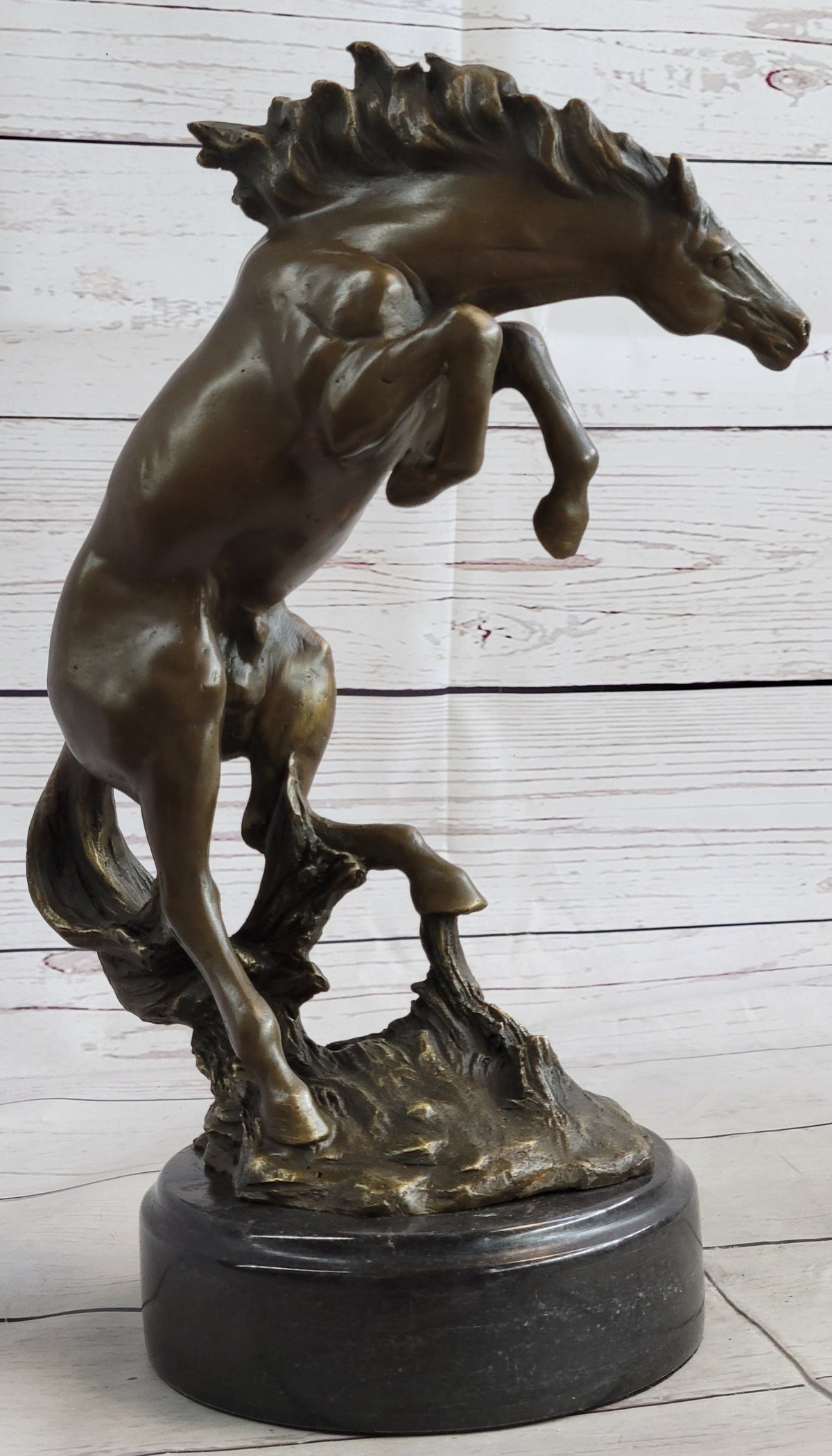 Rearing Horse Bronco Stallion Bronze Statue Sculpture Figure Marble Base 12" x 9.5"