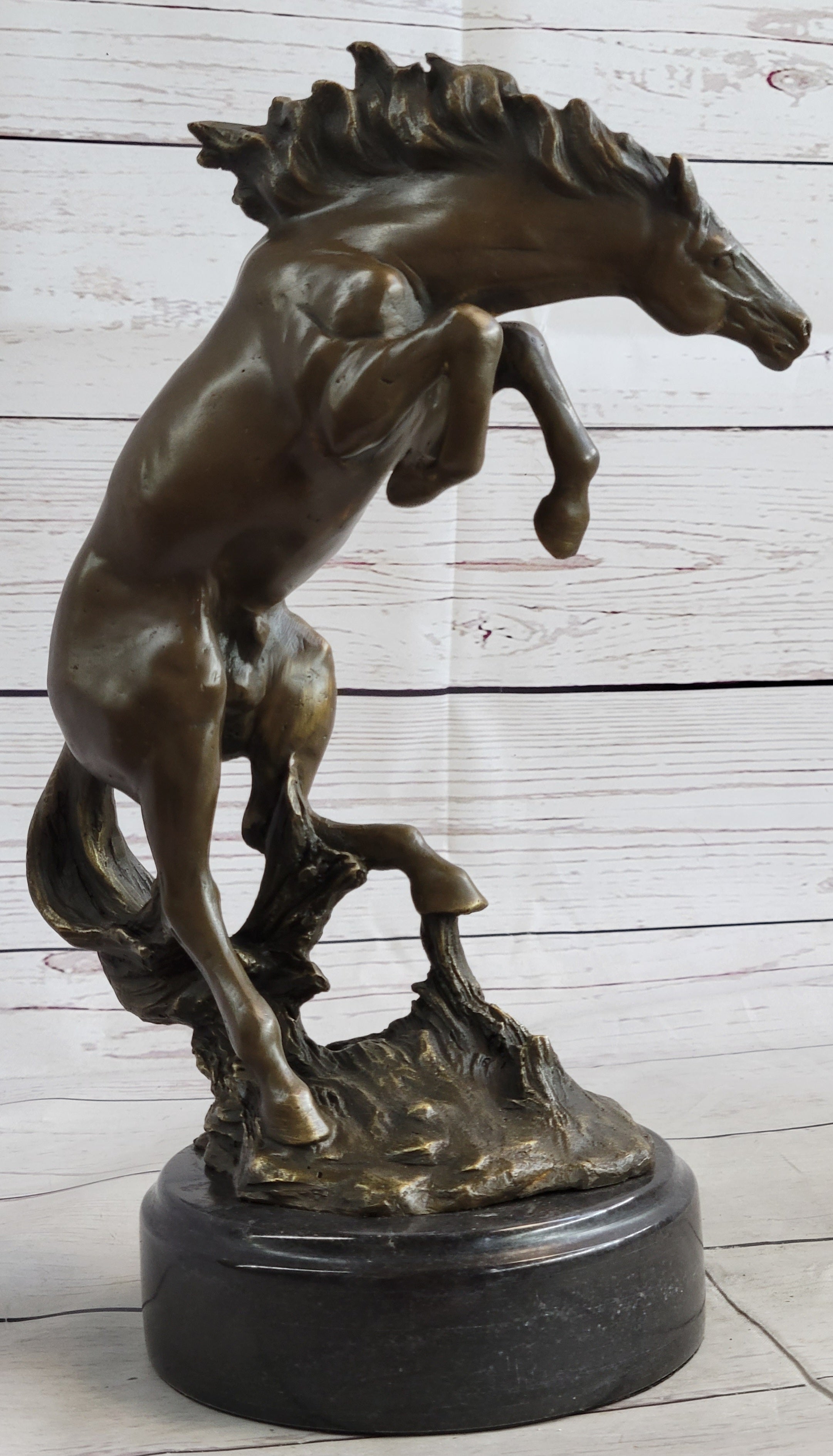 Rearing Horse Bronco Stallion Bronze Statue Sculpture Figure Marble Base 12" x 9.5"