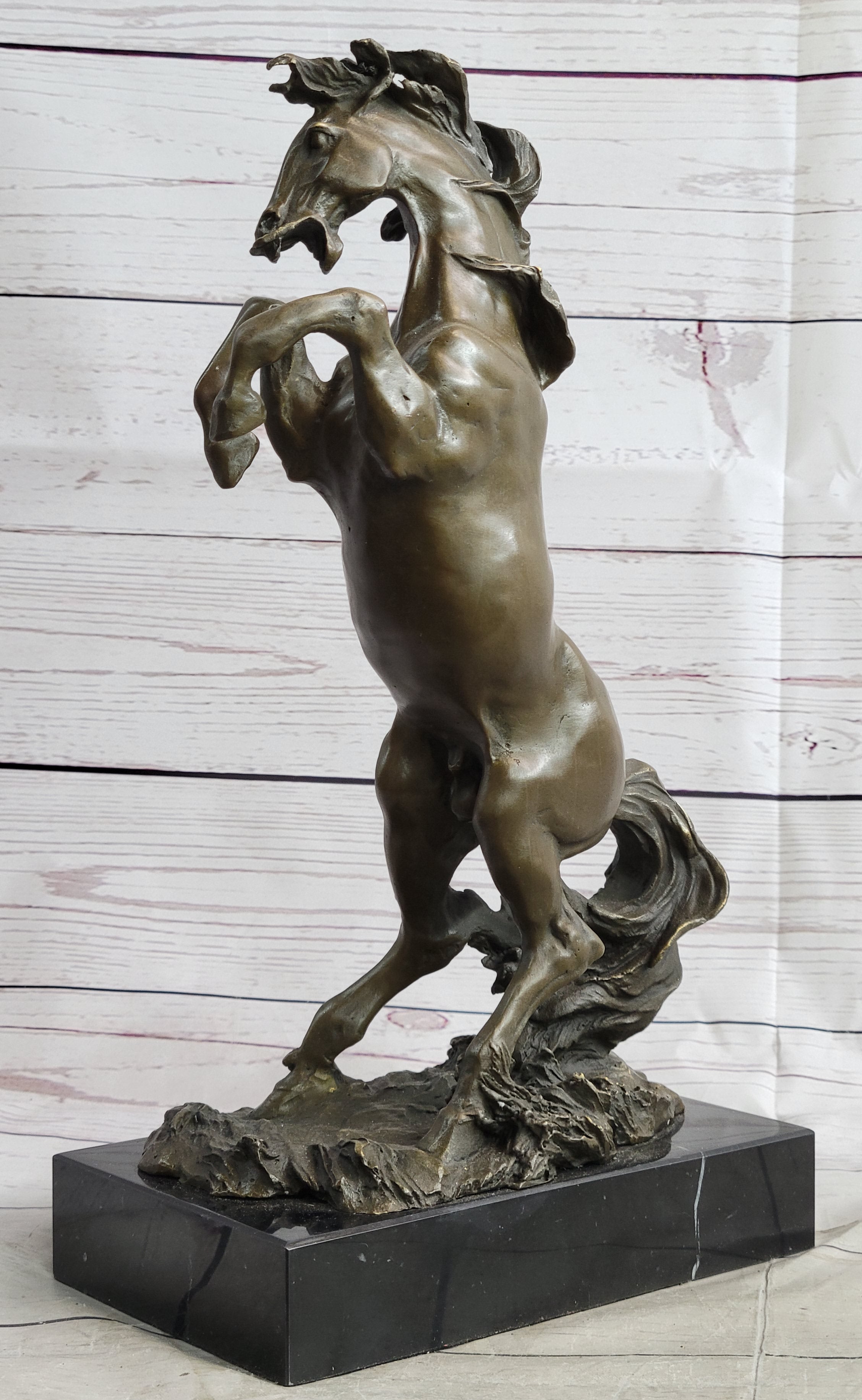 Rearing Horse Bronze Metal Statue Sculpture Figure on Marble Base