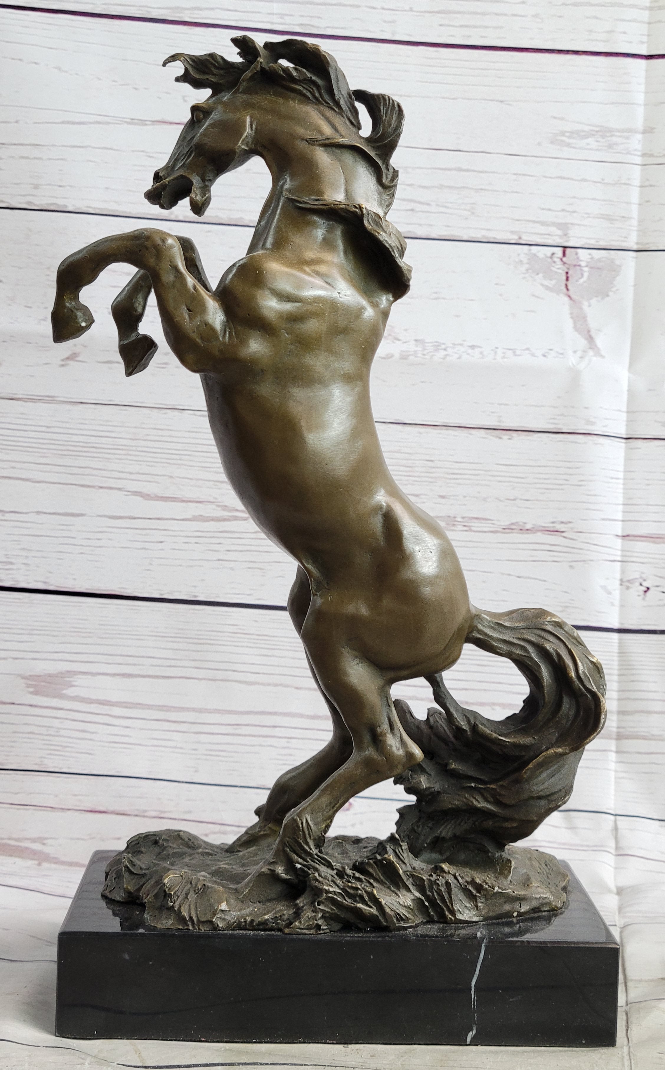 Rearing Horse Bronze Metal Statue Sculpture Figure on Marble Base