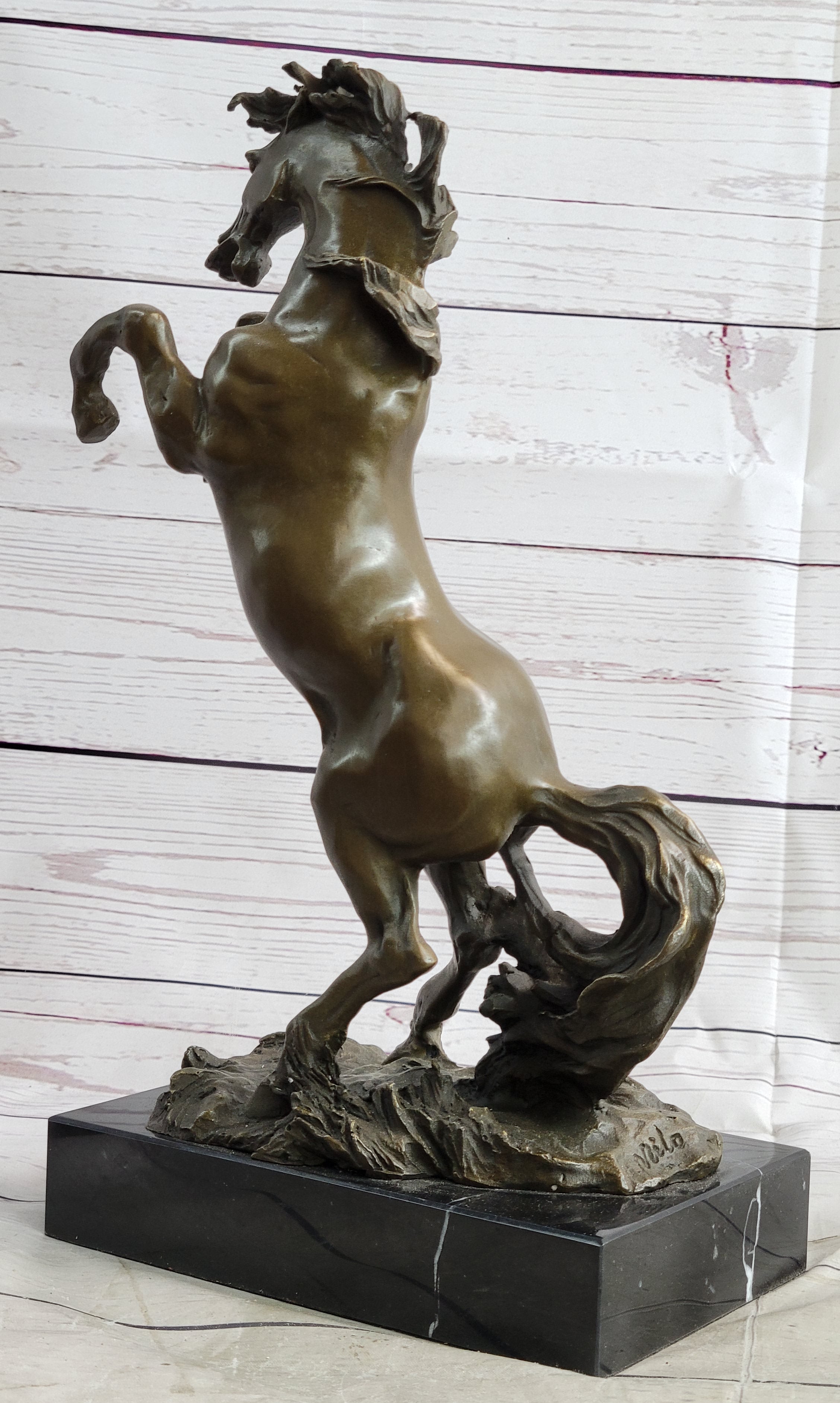 Rearing Horse Bronze Metal Statue Sculpture Figure on Marble Base