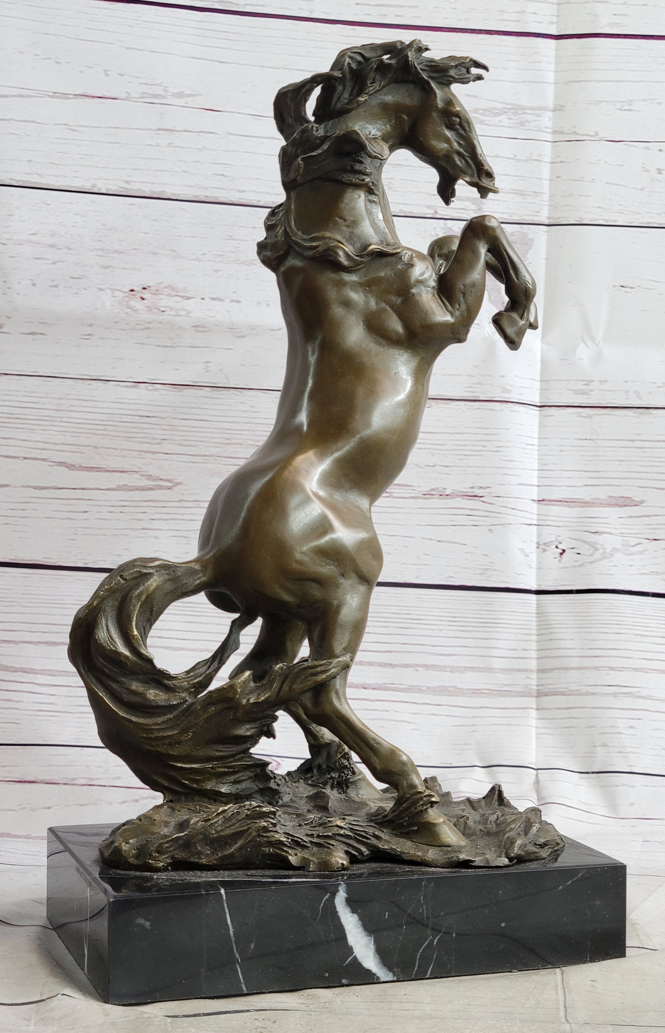 Rearing Horse Bronze Metal Statue Sculpture Figure on Marble Base