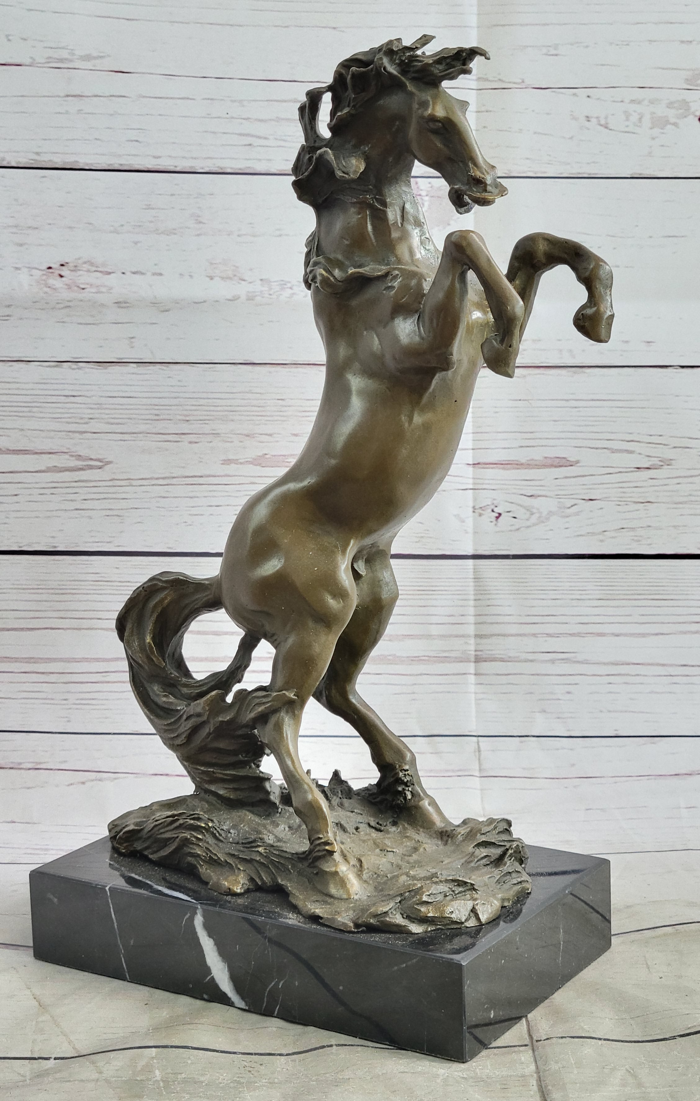 Rearing Horse Bronze Metal Statue Sculpture Figure on Marble Base