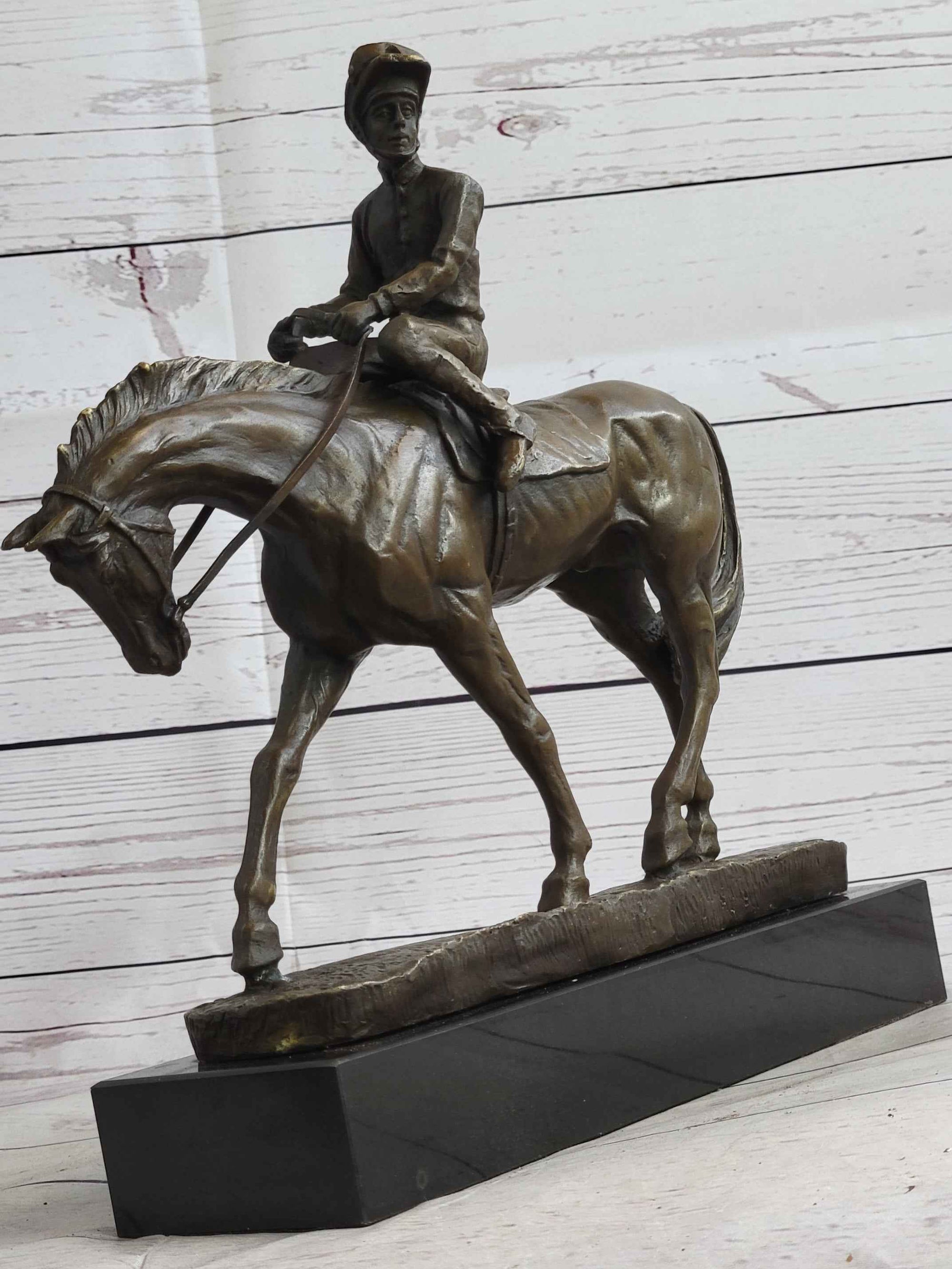 Polo Jockey on Horseback Equestrian Bronze Statue Sculpture Signed Art on Marble Base