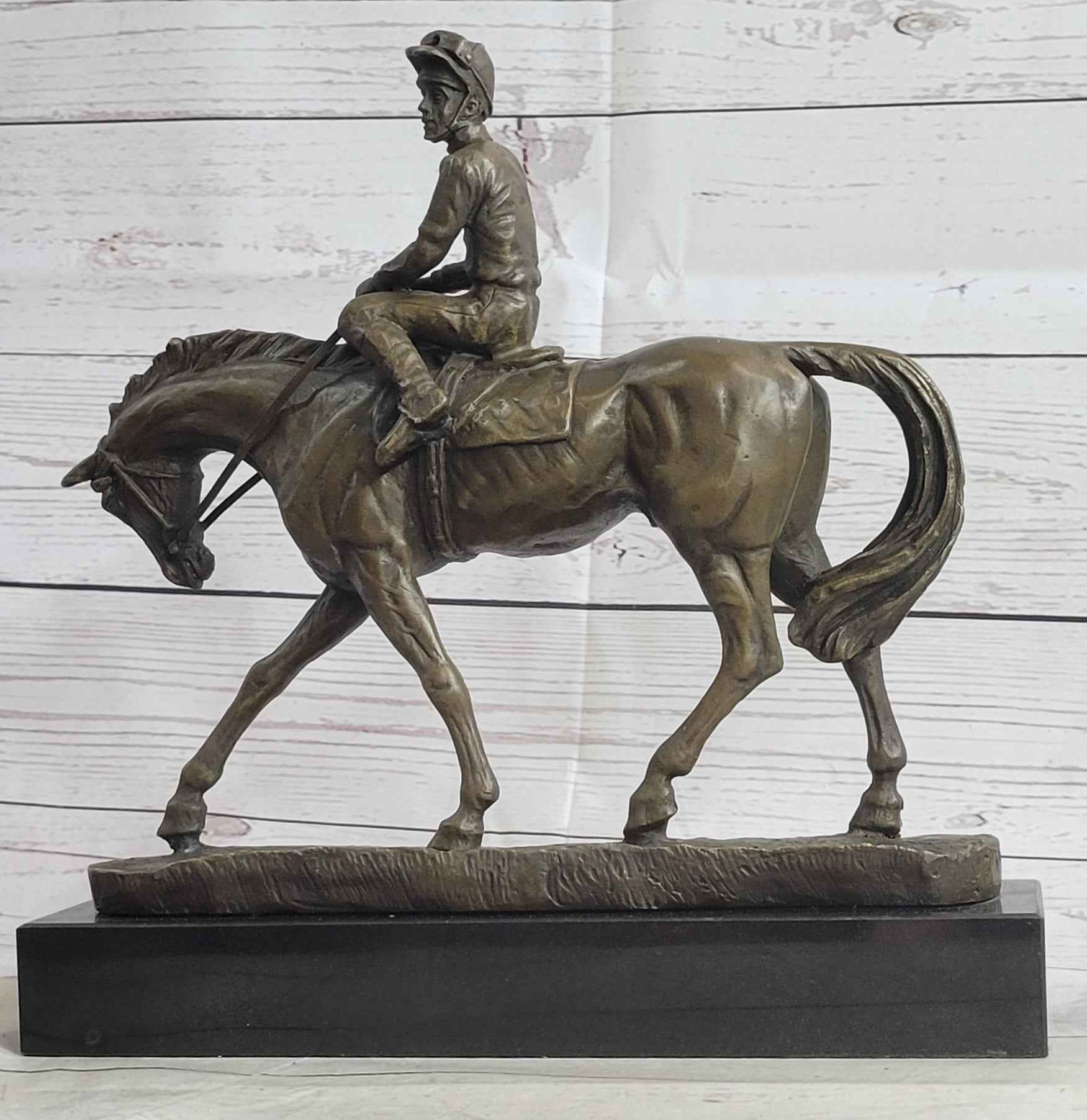 Polo Jockey on Horseback Equestrian Bronze Statue Sculpture Signed Art on Marble Base