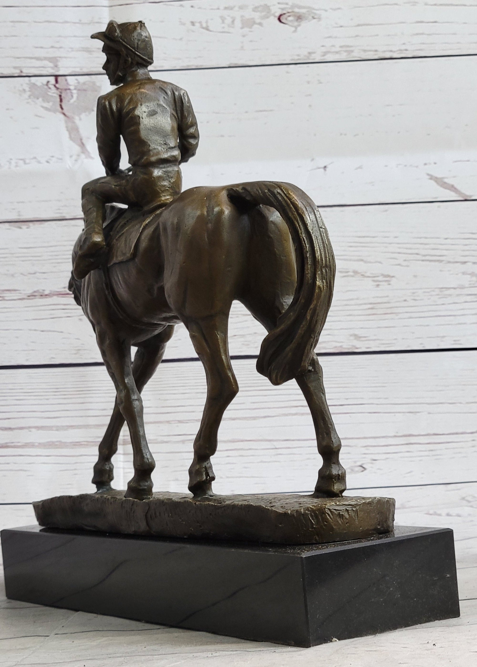 Polo Jockey on Horseback Equestrian Bronze Statue Sculpture Signed Art on Marble Base