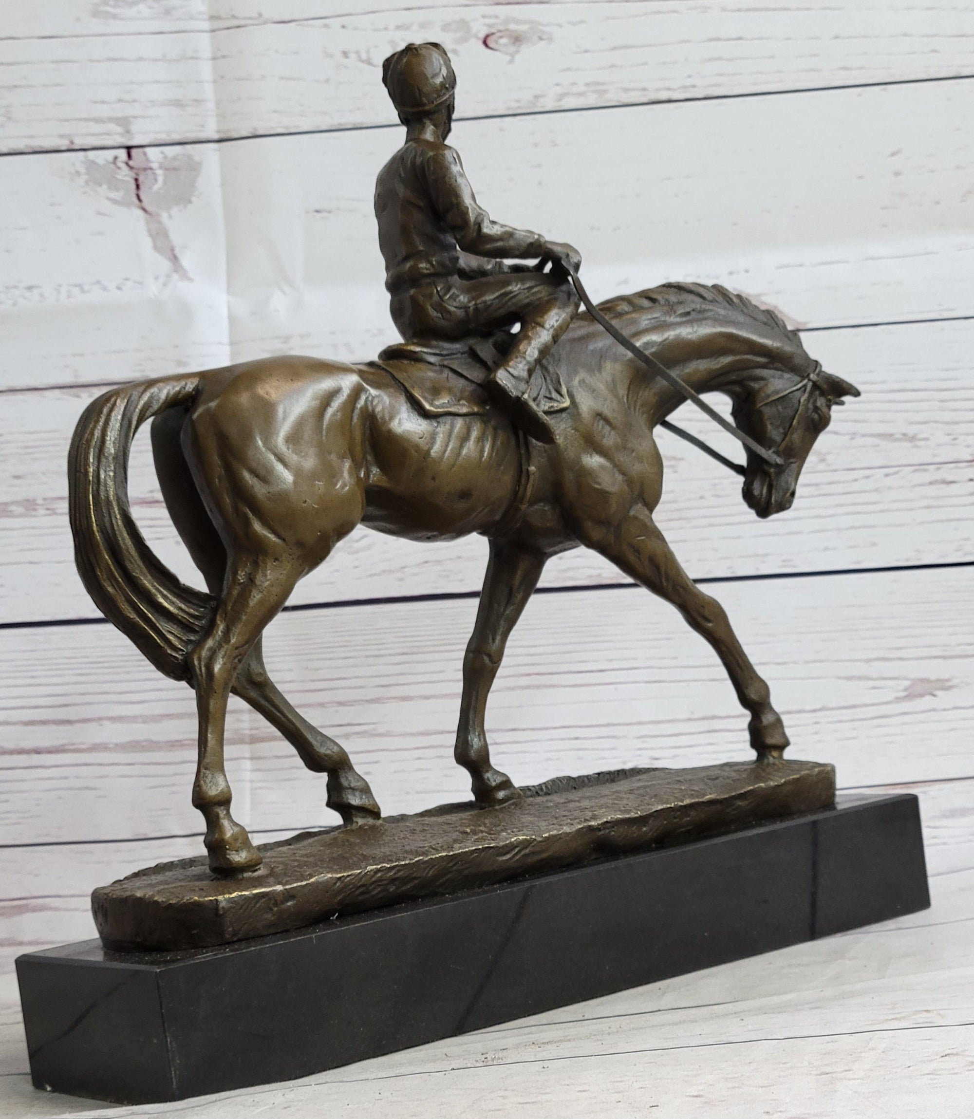 Polo Jockey on Horseback Equestrian Bronze Statue Sculpture Signed Art on Marble Base