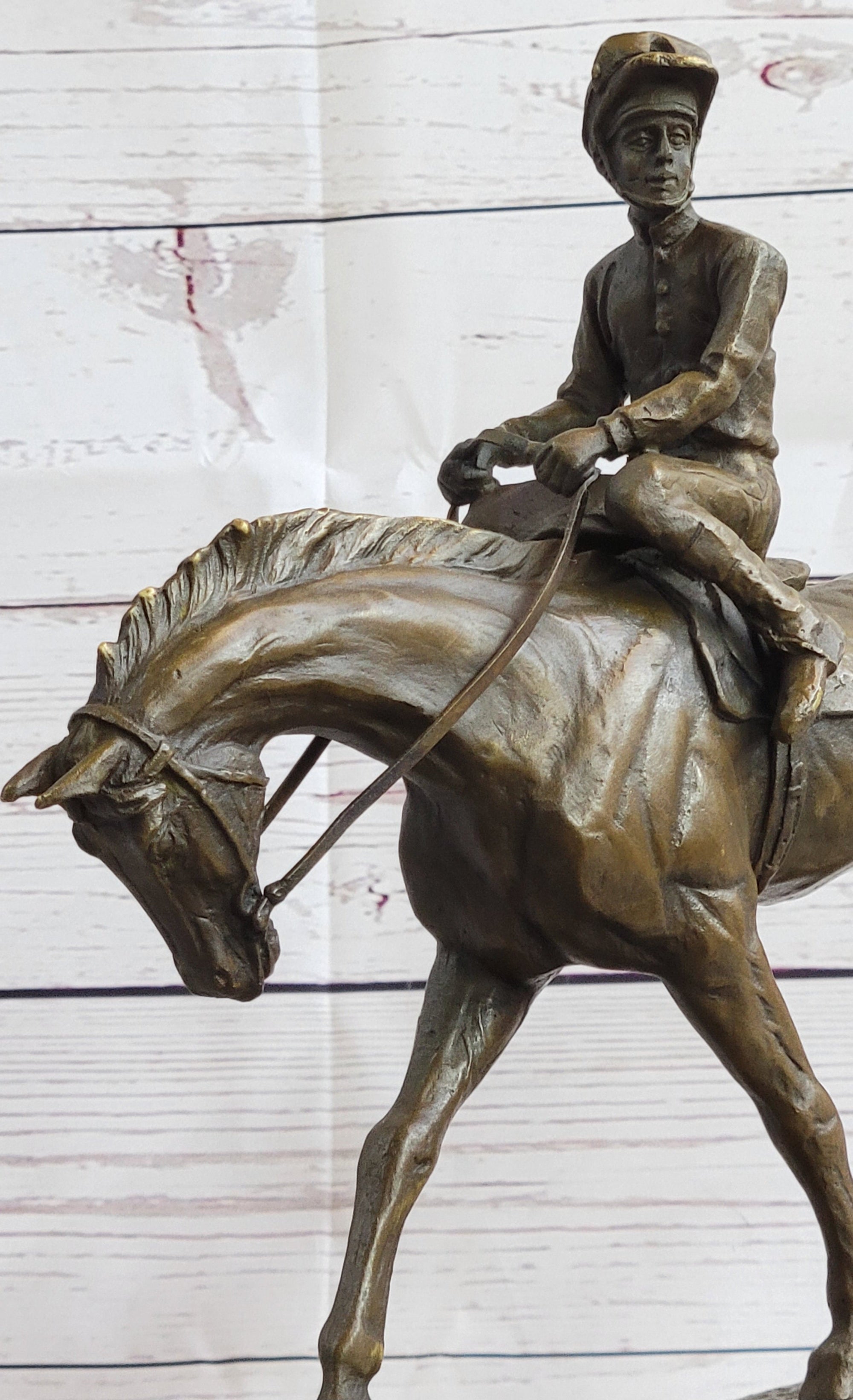 Polo Jockey on Horseback Equestrian Bronze Statue Sculpture Signed Art on Marble Base