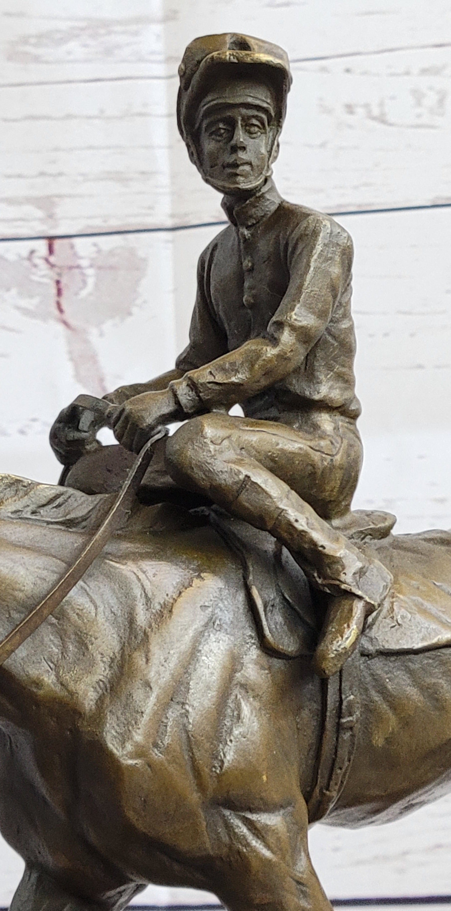 Polo Jockey on Horseback Equestrian Bronze Statue Sculpture Signed Art on Marble Base