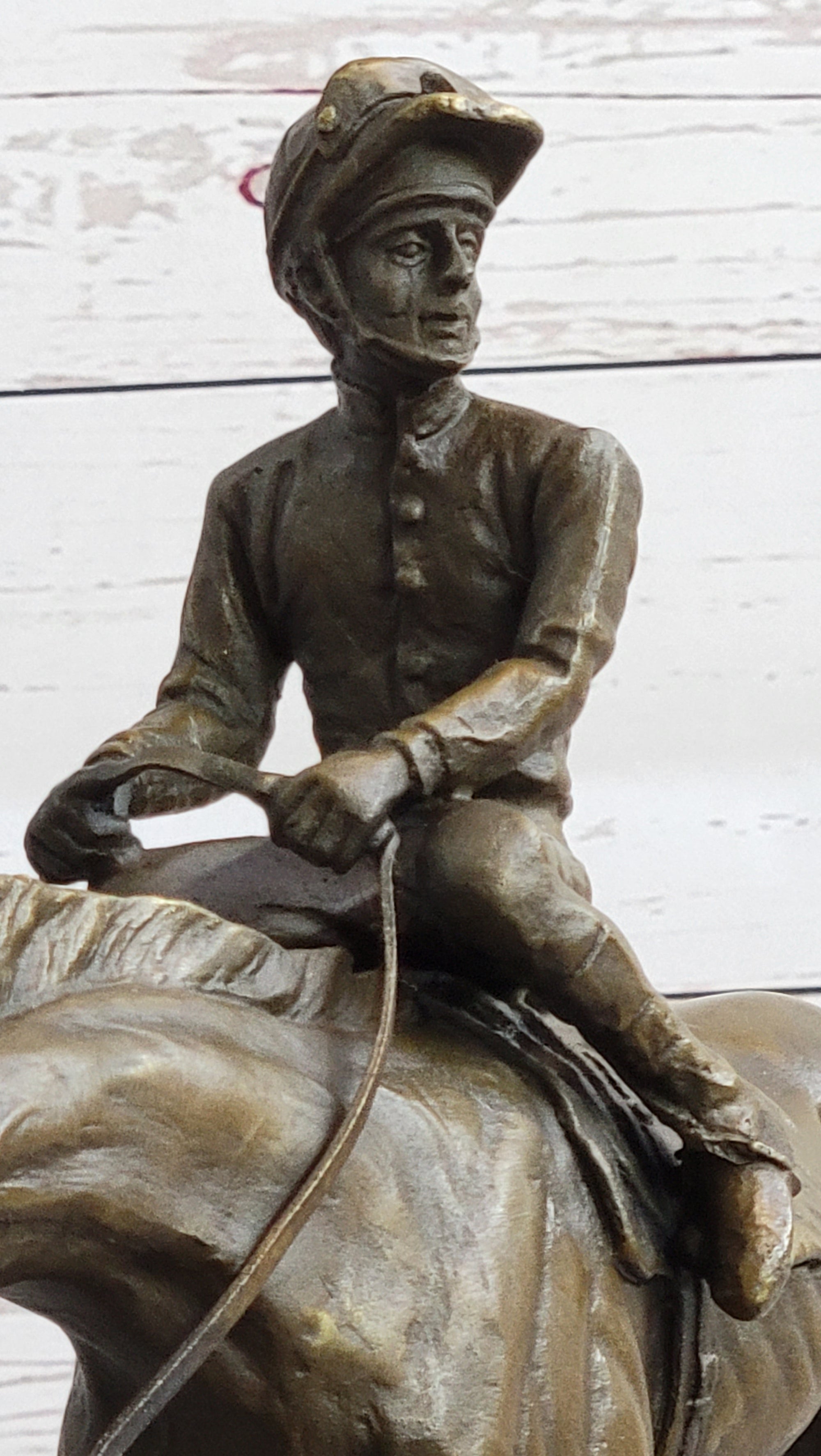 Polo Jockey on Horseback Equestrian Bronze Statue Sculpture Signed Art on Marble Base