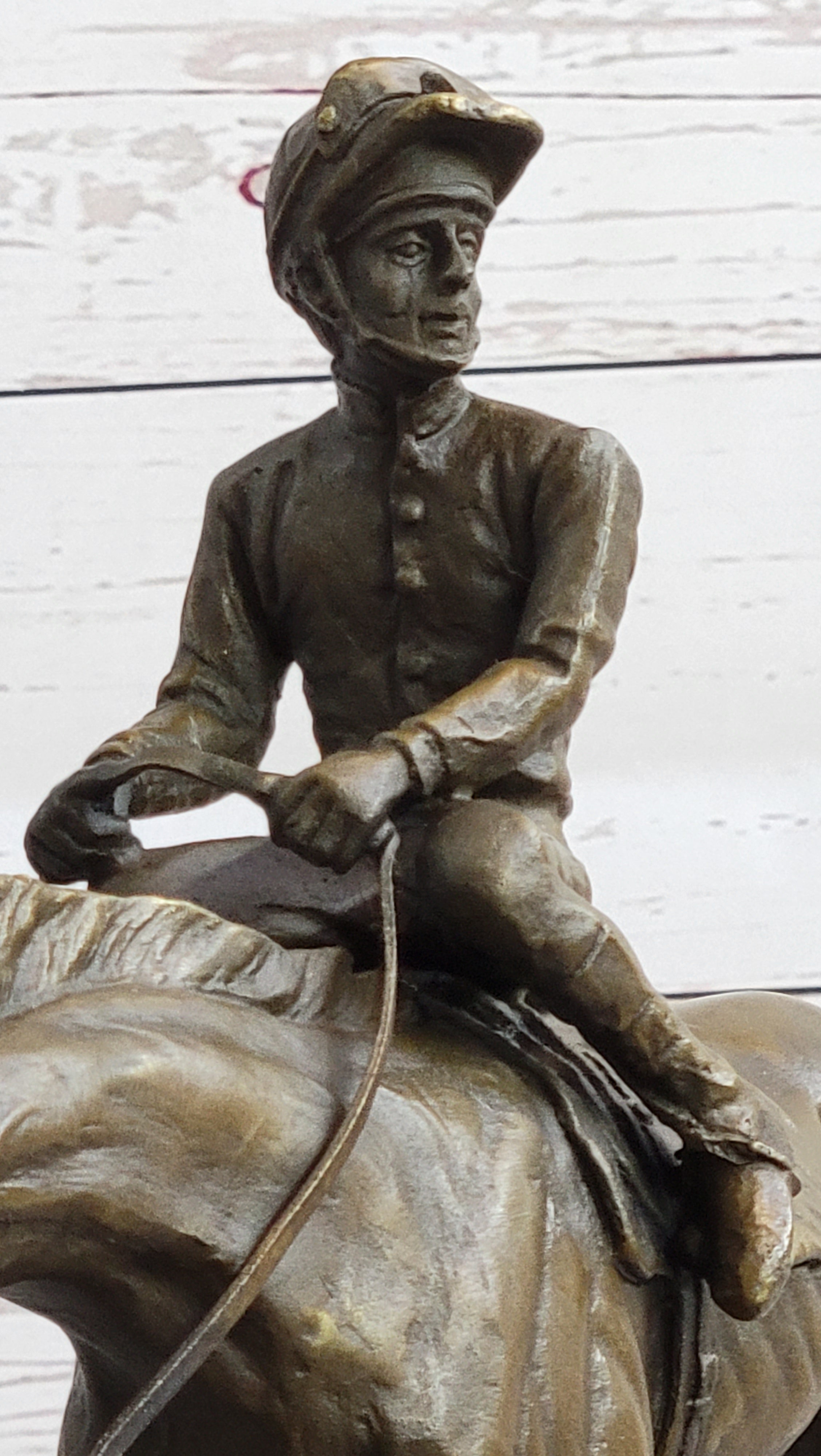 Polo Jockey on Horseback Equestrian Bronze Statue Sculpture Signed Art on Marble Base