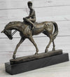 Polo Jockey on Horseback Equestrian Bronze Statue Sculpture Signed Art on Marble Base