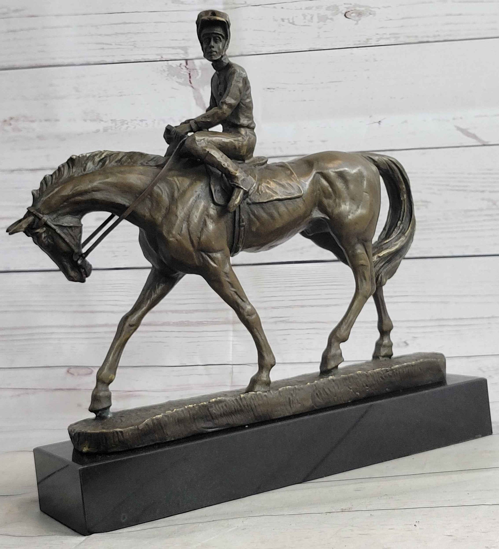 Polo Jockey on Horseback Equestrian Bronze Statue Sculpture Signed Art on Marble Base