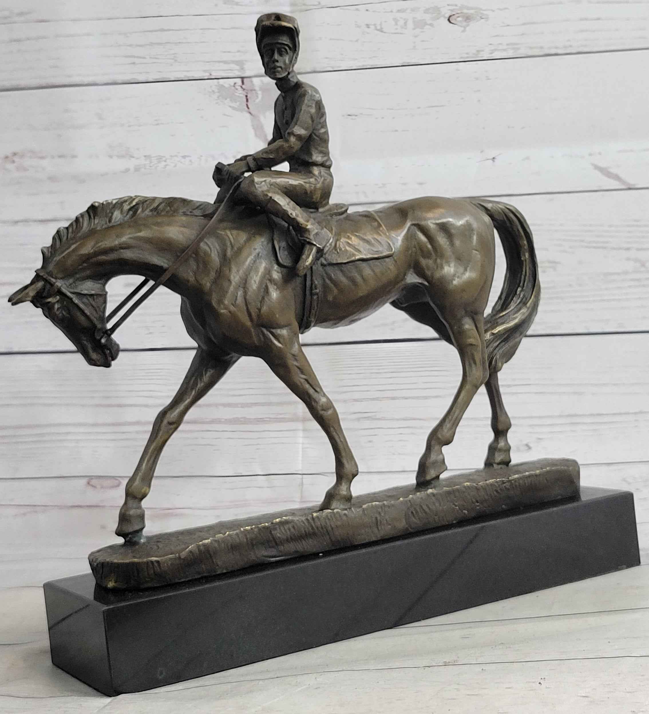 Polo Jockey on Horseback Equestrian Bronze Statue Sculpture Signed Art on Marble Base