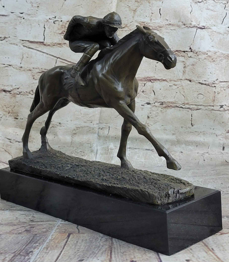 Bronze Horse Racing Sculpture Jockey on Thoroughbred Equestrian Art