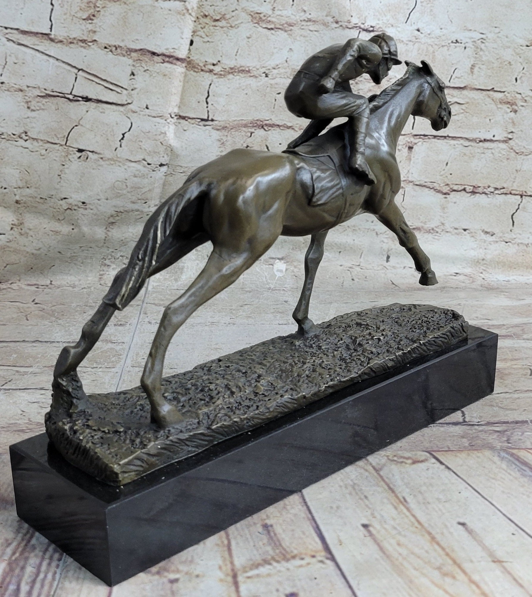 Bronze Horse Racing Sculpture Jockey on Thoroughbred Equestrian Art