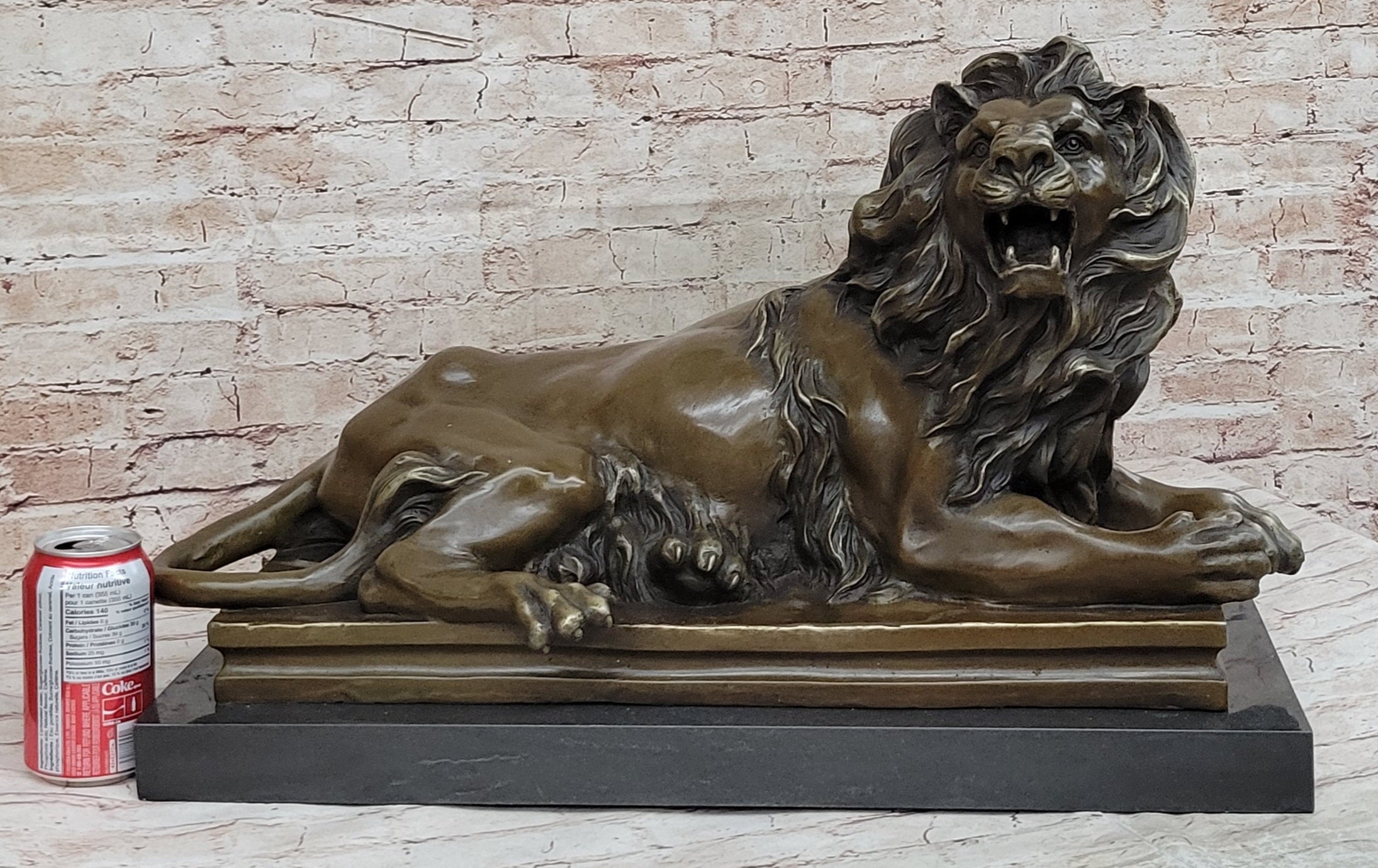 Roaring Guardian Lion Laying Down Bronze Statue Sculpture on Marble Base after Antoine Barye