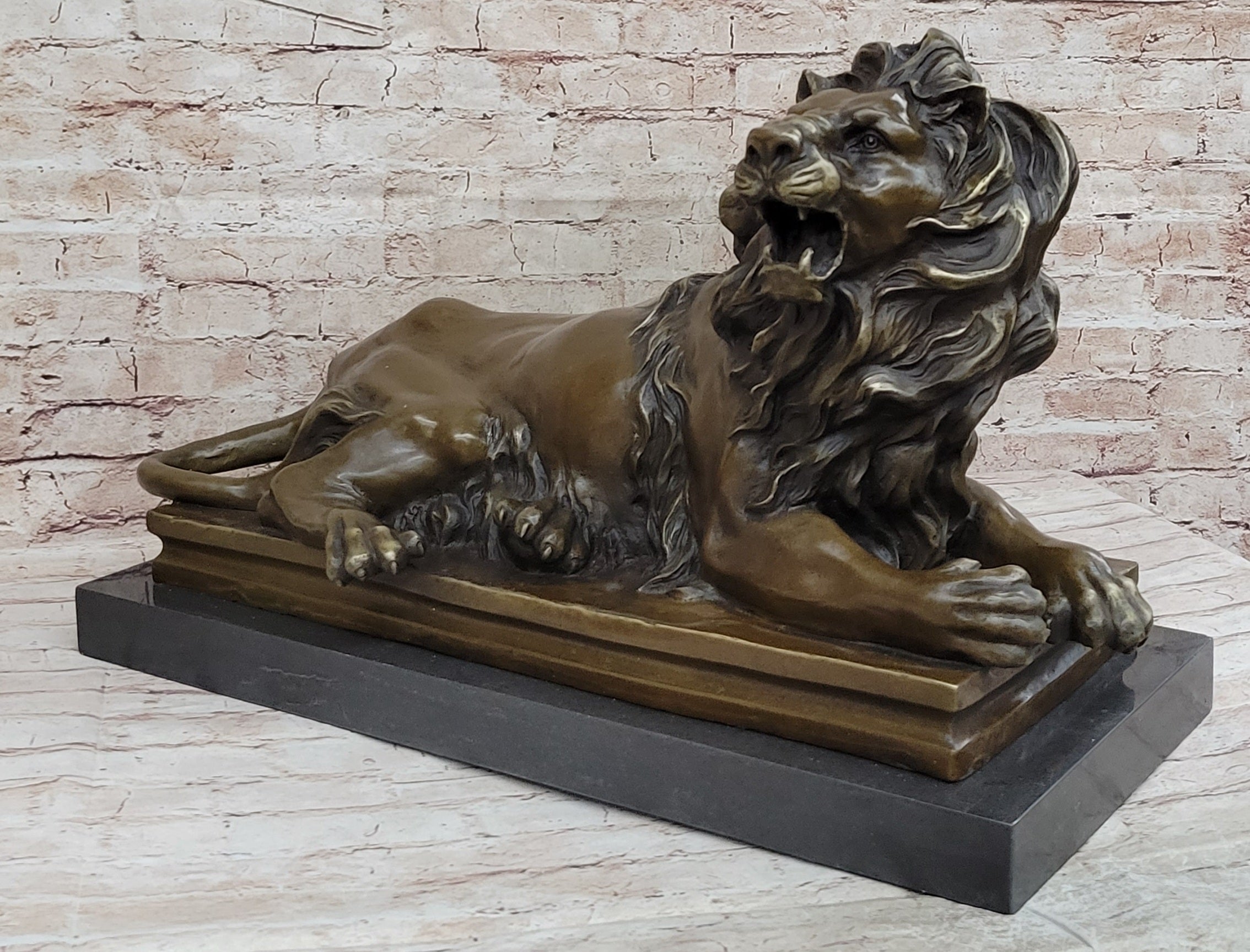 Roaring Guardian Lion Laying Down Bronze Statue Sculpture on Marble Base after Antoine Barye