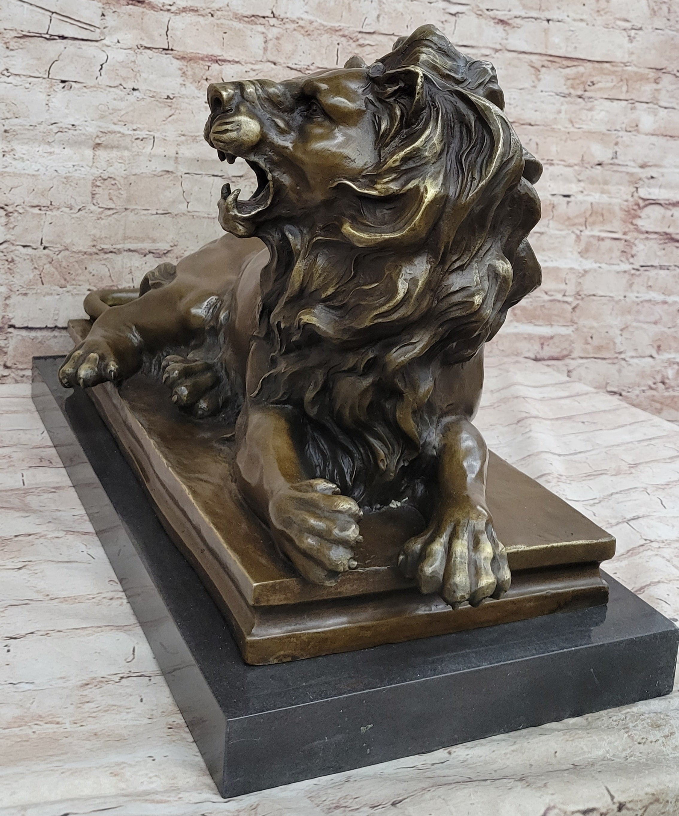 Roaring Guardian Lion Laying Down Bronze Statue Sculpture on Marble Base after Antoine Barye