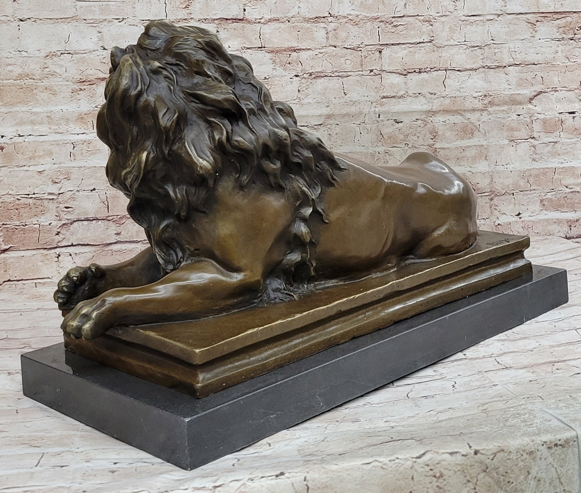 Roaring Guardian Lion Laying Down Bronze Statue Sculpture on Marble Base after Antoine Barye